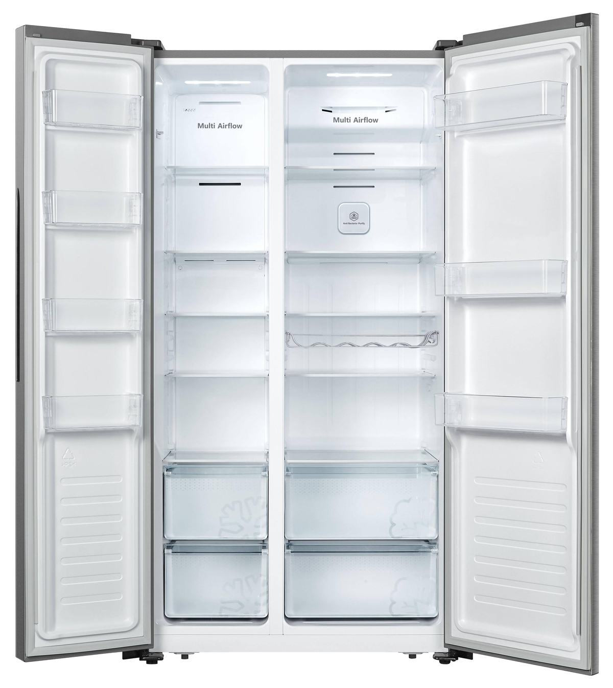 Ein offener, leerer silberner Kühlschrank mit transparenten Regalen und Schubladen.