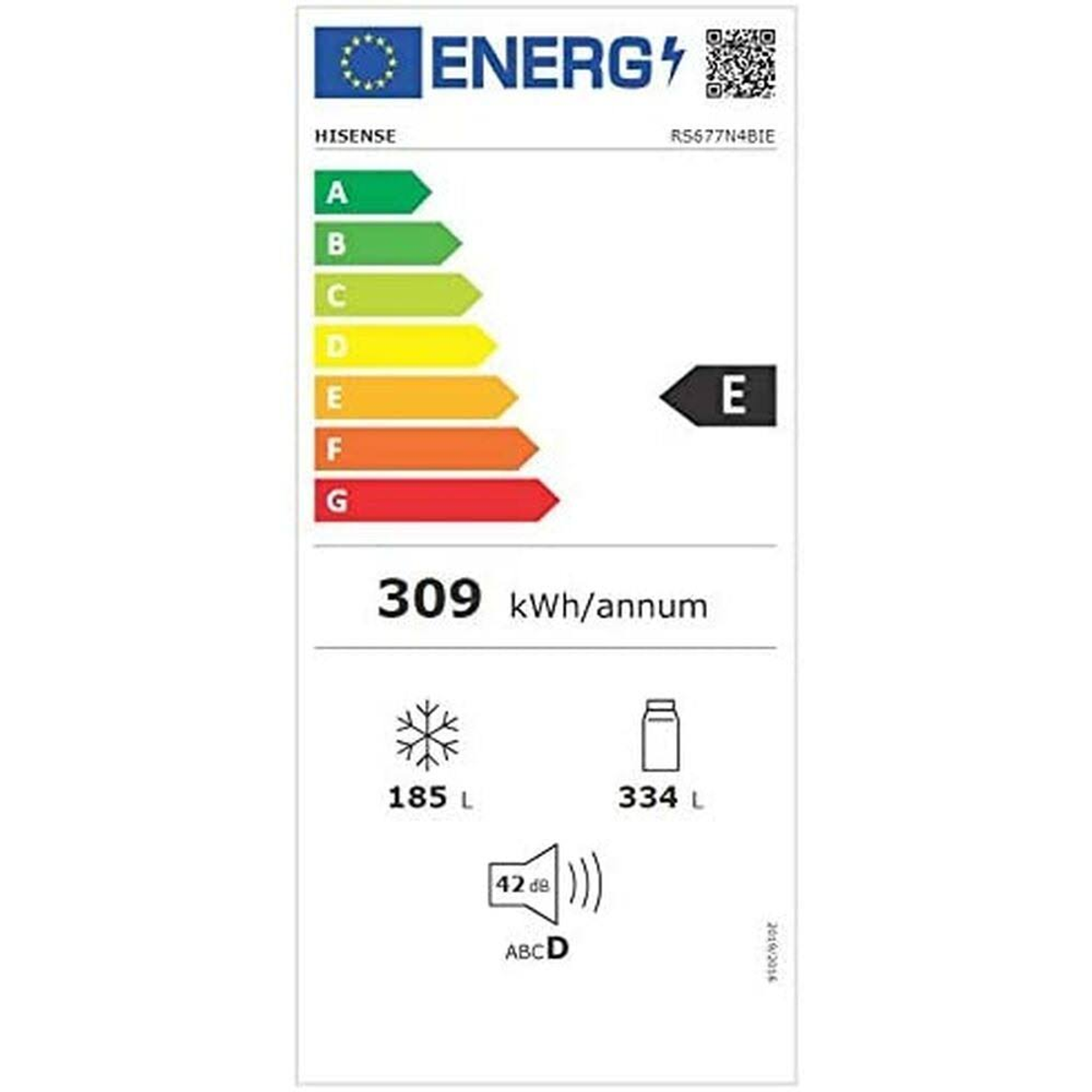 Energielabel mit Bewertungen A-G, wobei E hervorgehoben ist. Zeigt Energieverbrauch und Kapazität.