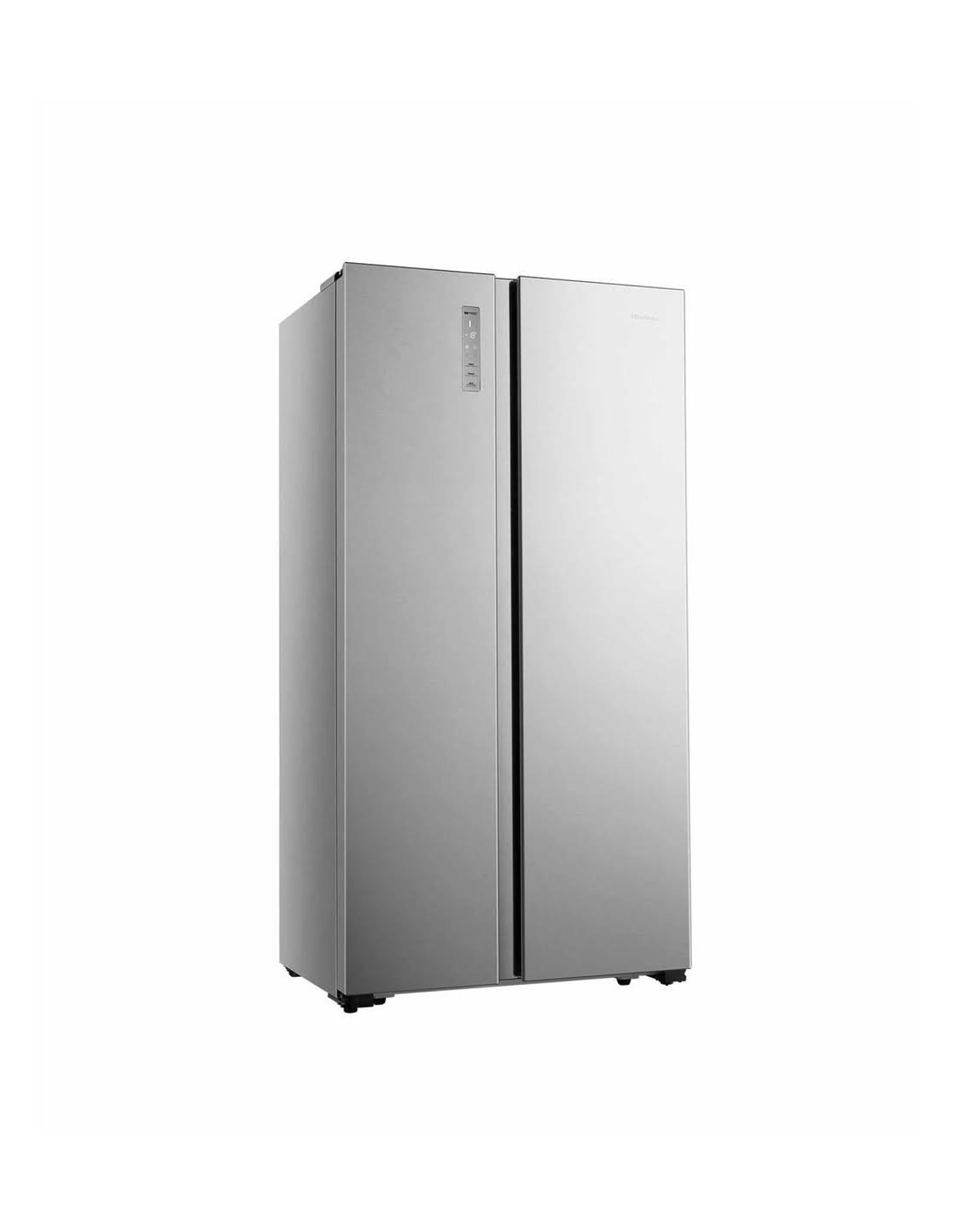 Silberner Side-by-Side-Kühlschrank mit zwei Türen vor weißem Hintergrund.