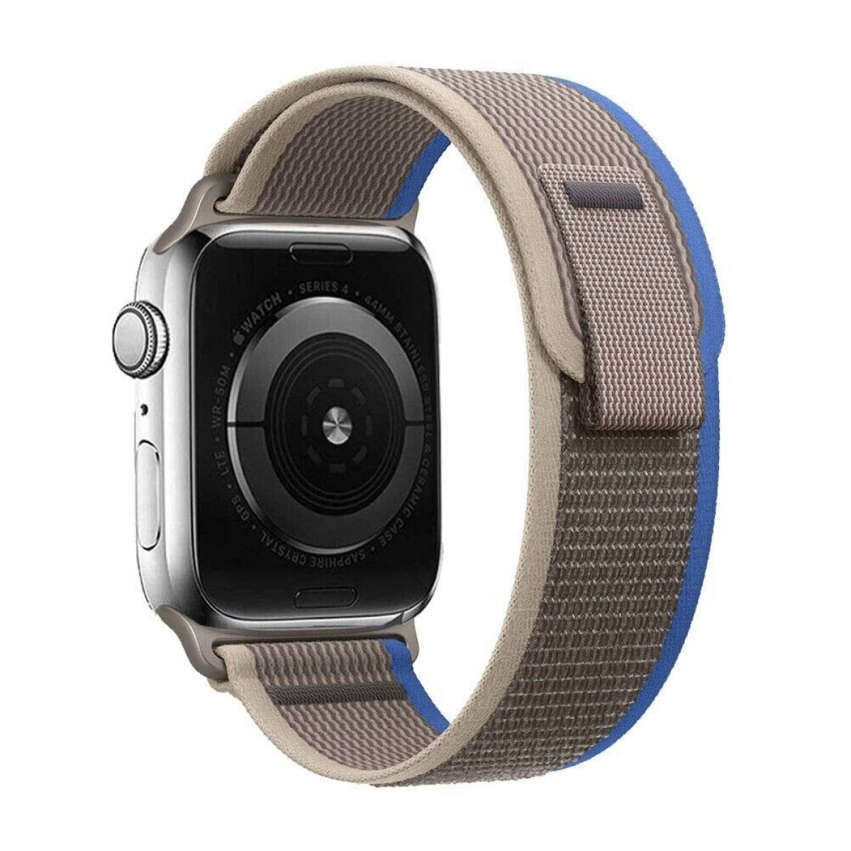 Eine Apple Watch Series 4 mit zweifarbigem Stoffarmband. Die Uhr ist silber, das Band grau und blau.