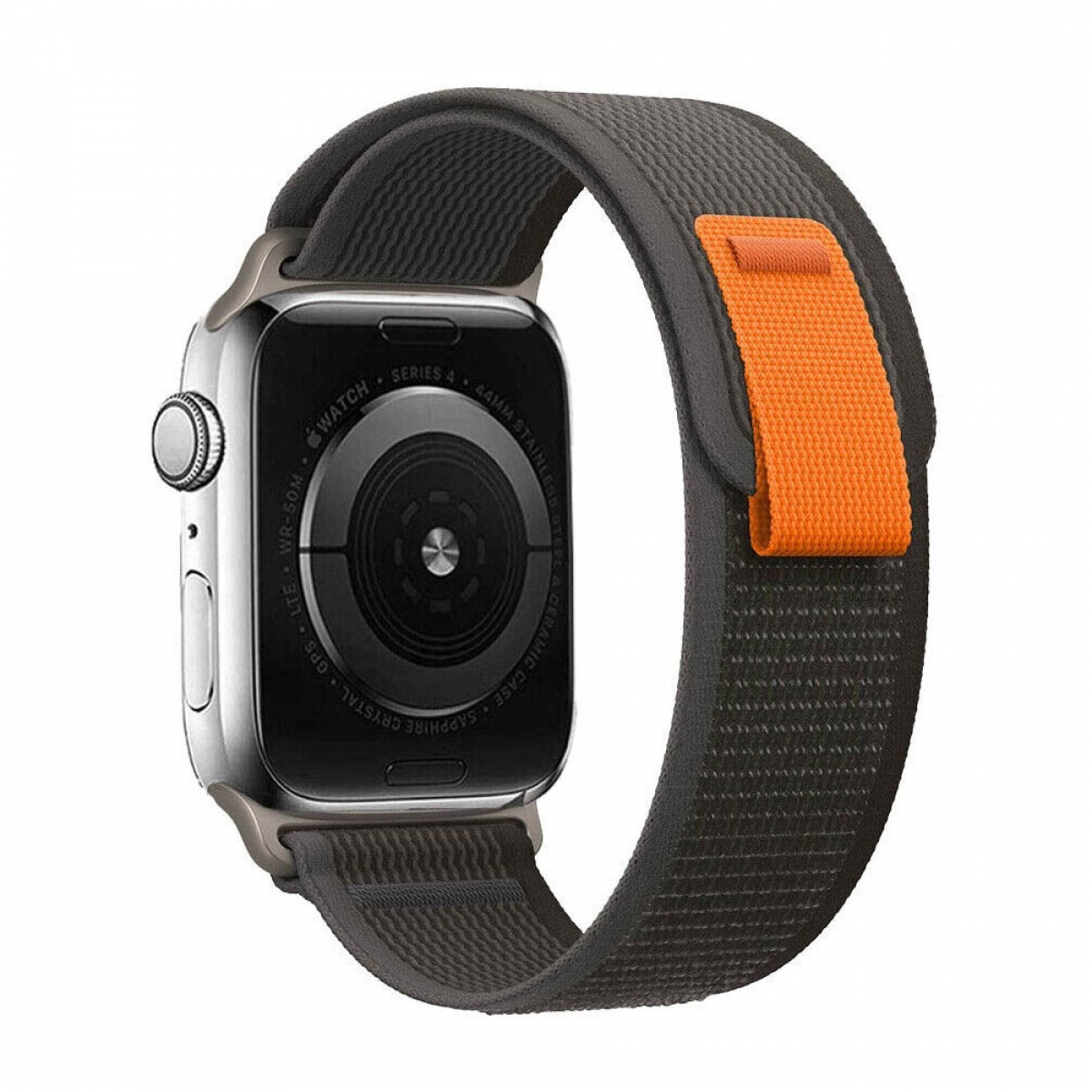 Eine graue Uhr mit schwarzem und orangefarbenem Armband.