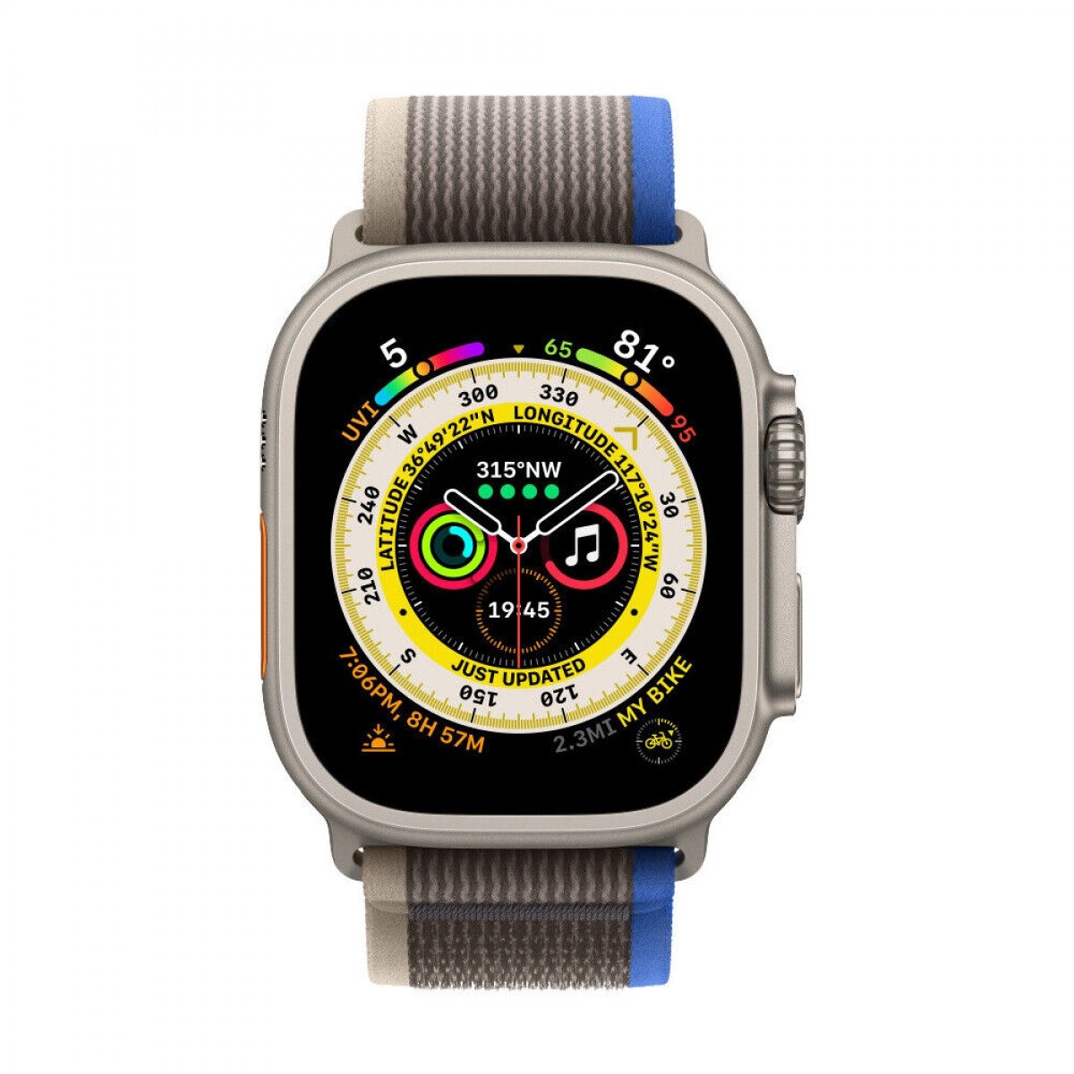 Silberne Apple Watch Ultra mit farbenfrohem Band. Der Bildschirm zeigt verschiedene Daten.