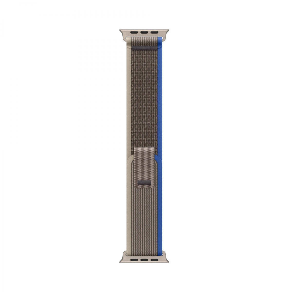 Apple Watch Armband, beiger und brauner Stoff mit blauem Streifen, auf weißem Hintergrund.