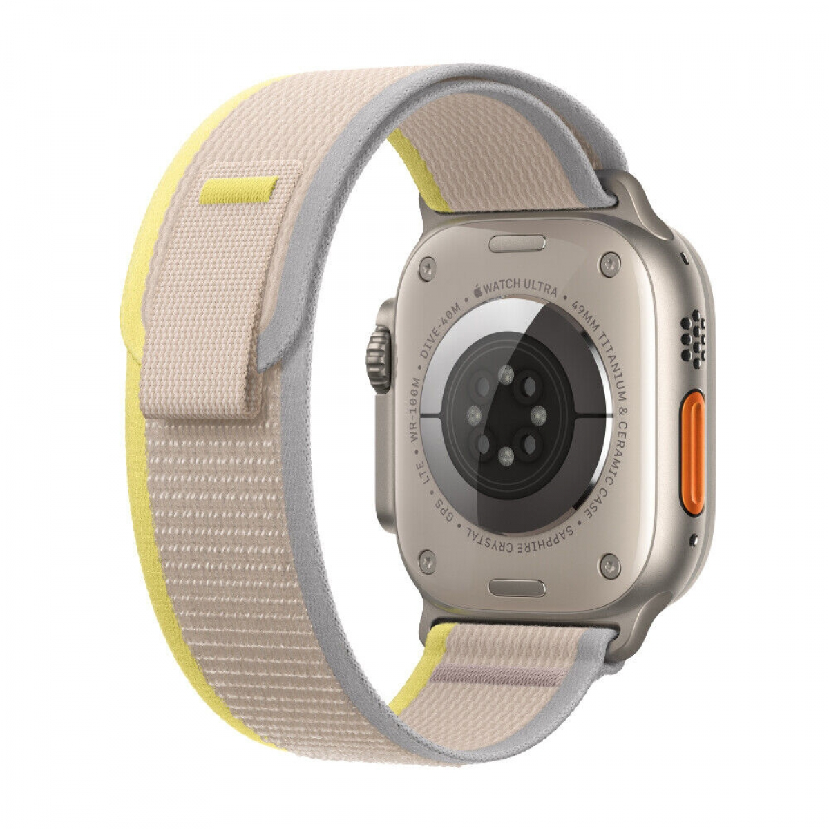 Silberne Apple Watch Ultra mit beige-gelbem Armband, Rück- und Seitenansicht.