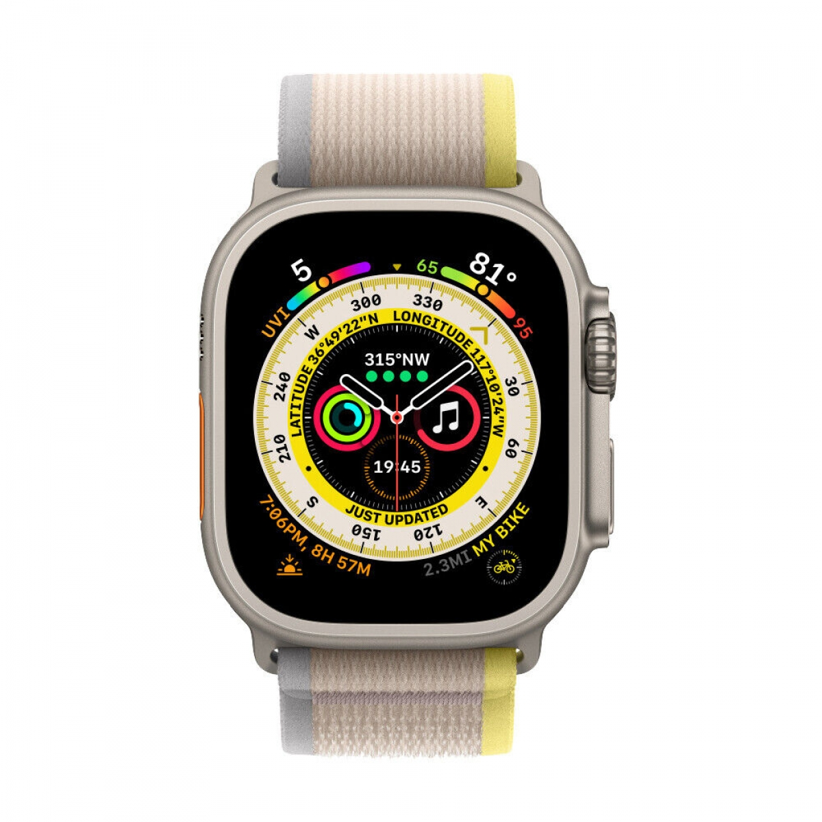 Smartwatch mit Digitalanzeige, zeigt Zeit, Trainingsdaten und farbenfrohe Oberfläche, auf weißem Hintergrund.