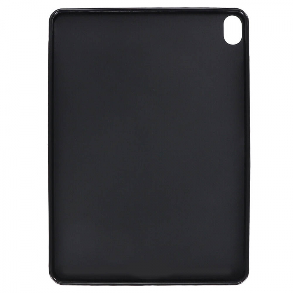 Eine schwarze Tablet-Hülle, die die Rückseite des Tablets mit Kamera und Aussparung zeigt.