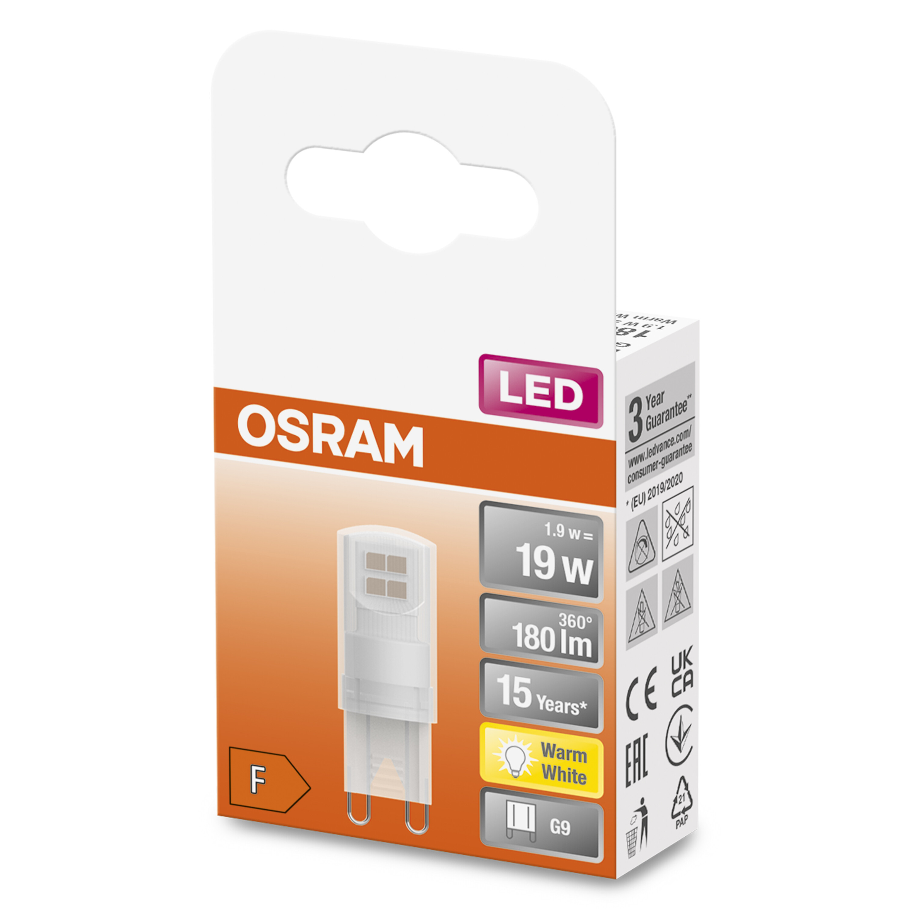 Biała żarówka LED z prostokątną podstawą, w opakowaniu z tekstem. Tekst: LED, OSRAM, 19W, 15 lat, Ciepła biel.