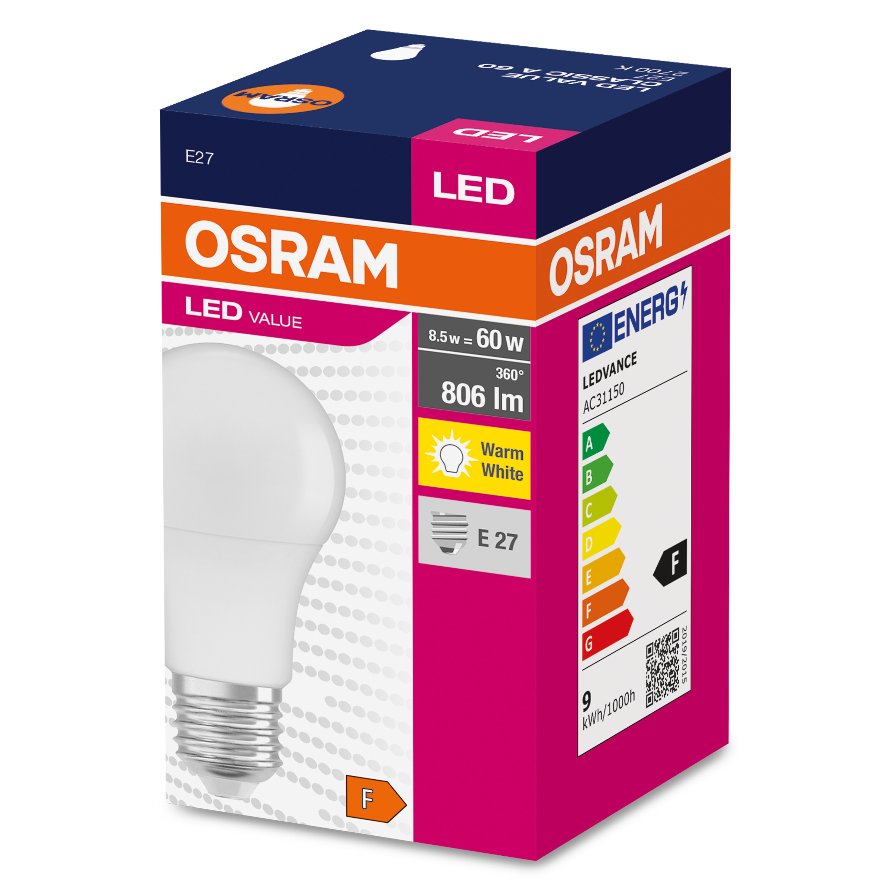 LED 8.5 Warmweiß W/2700 OSRAM  Lampe FR Lumen A LED VALUE E27 60 806 CLASSIC