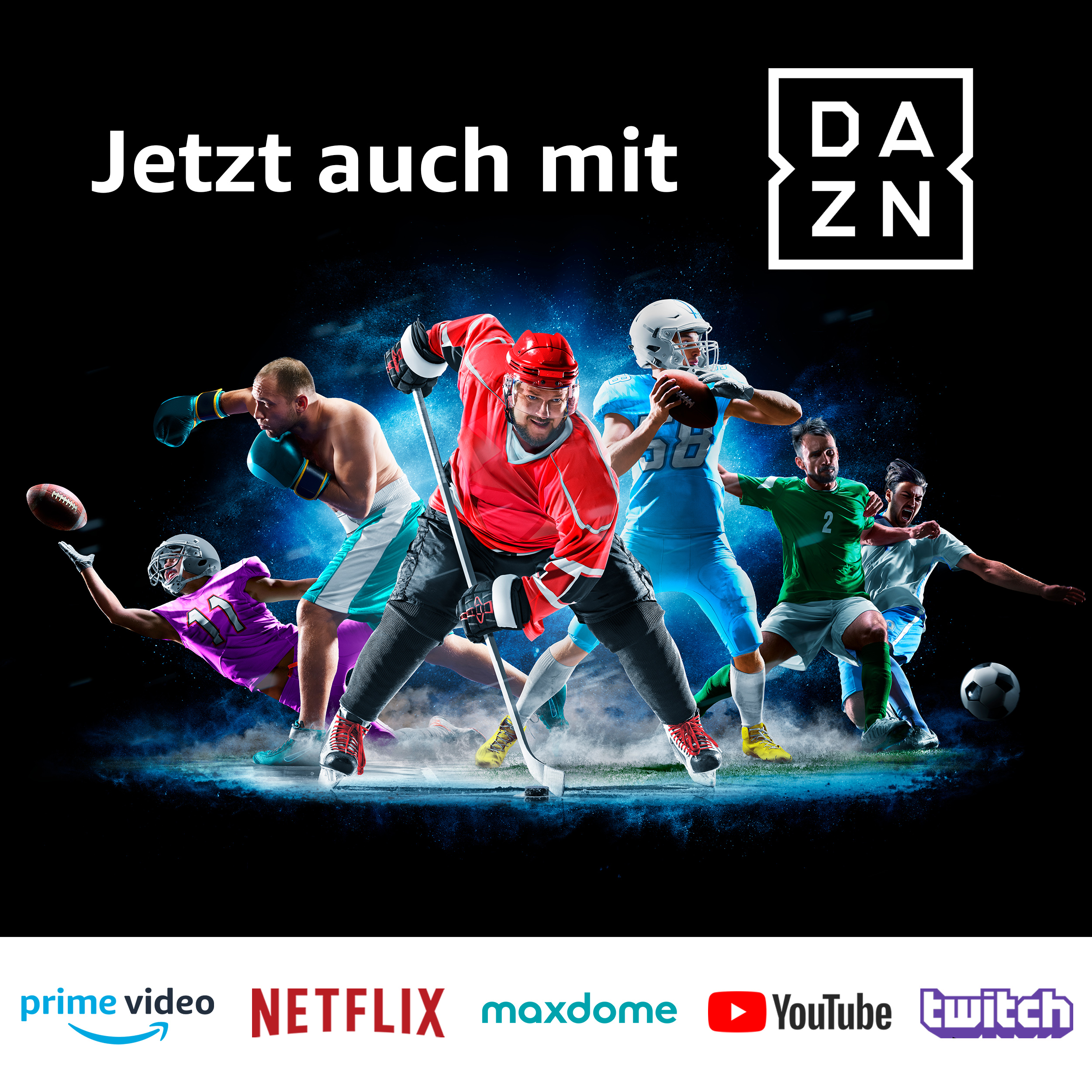 Sportler in Aktion mit Logos von Streaming-Diensten.