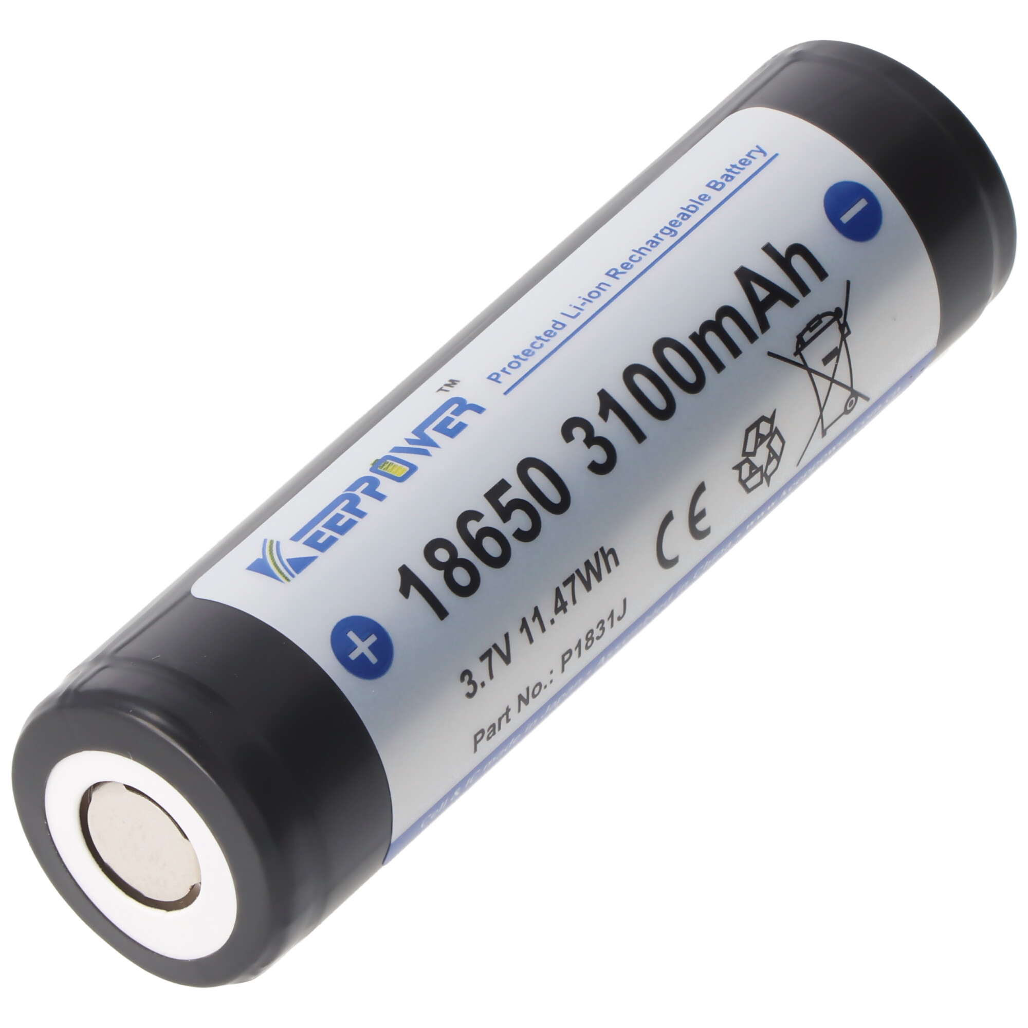 Eine zylindrische schwarze Batterie mit weißem Etikett. Das Etikett zeigt Text wie Spannung und Kapazität.