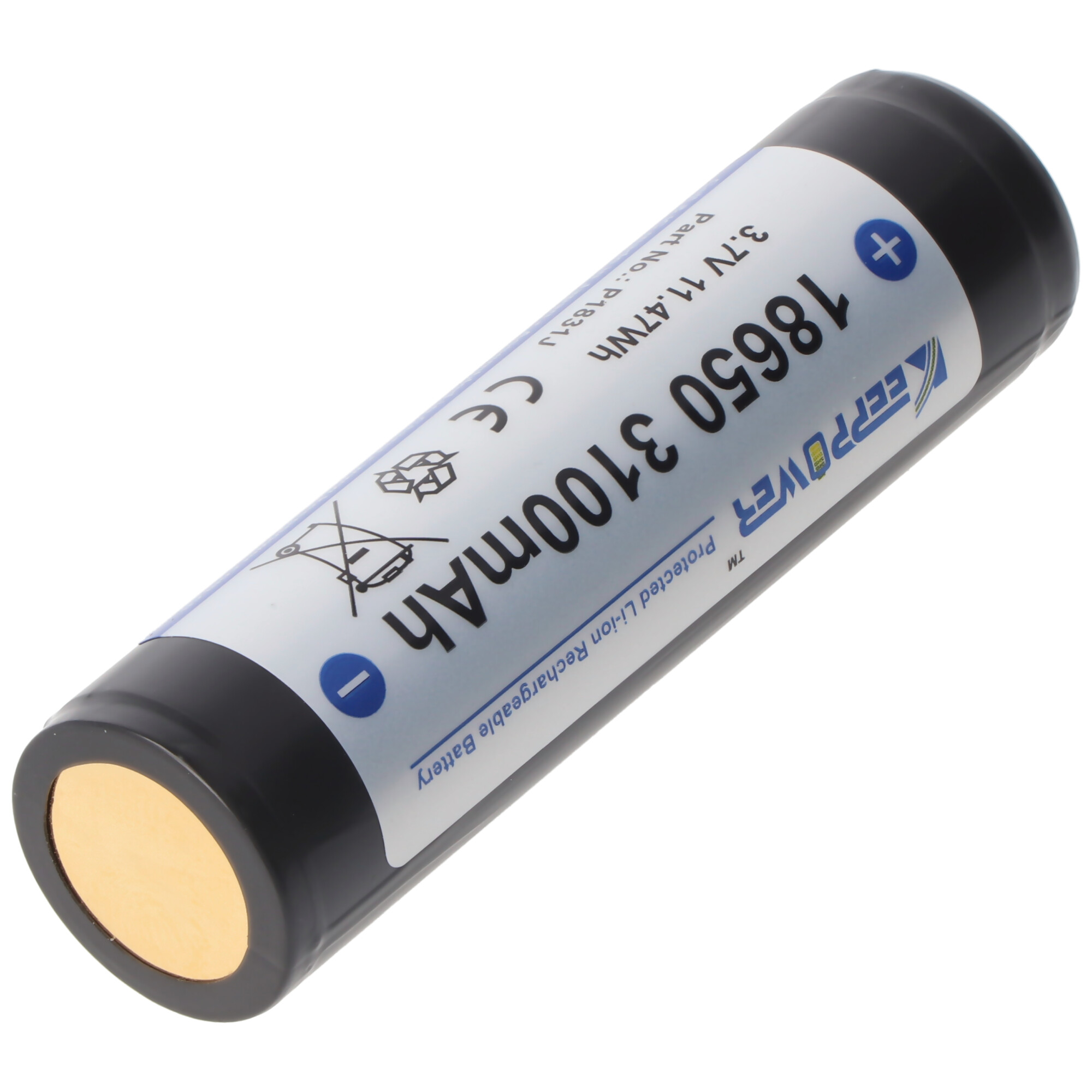 18650 3100mAh Akku mit Etikett und Plus-/Minus-Enden.