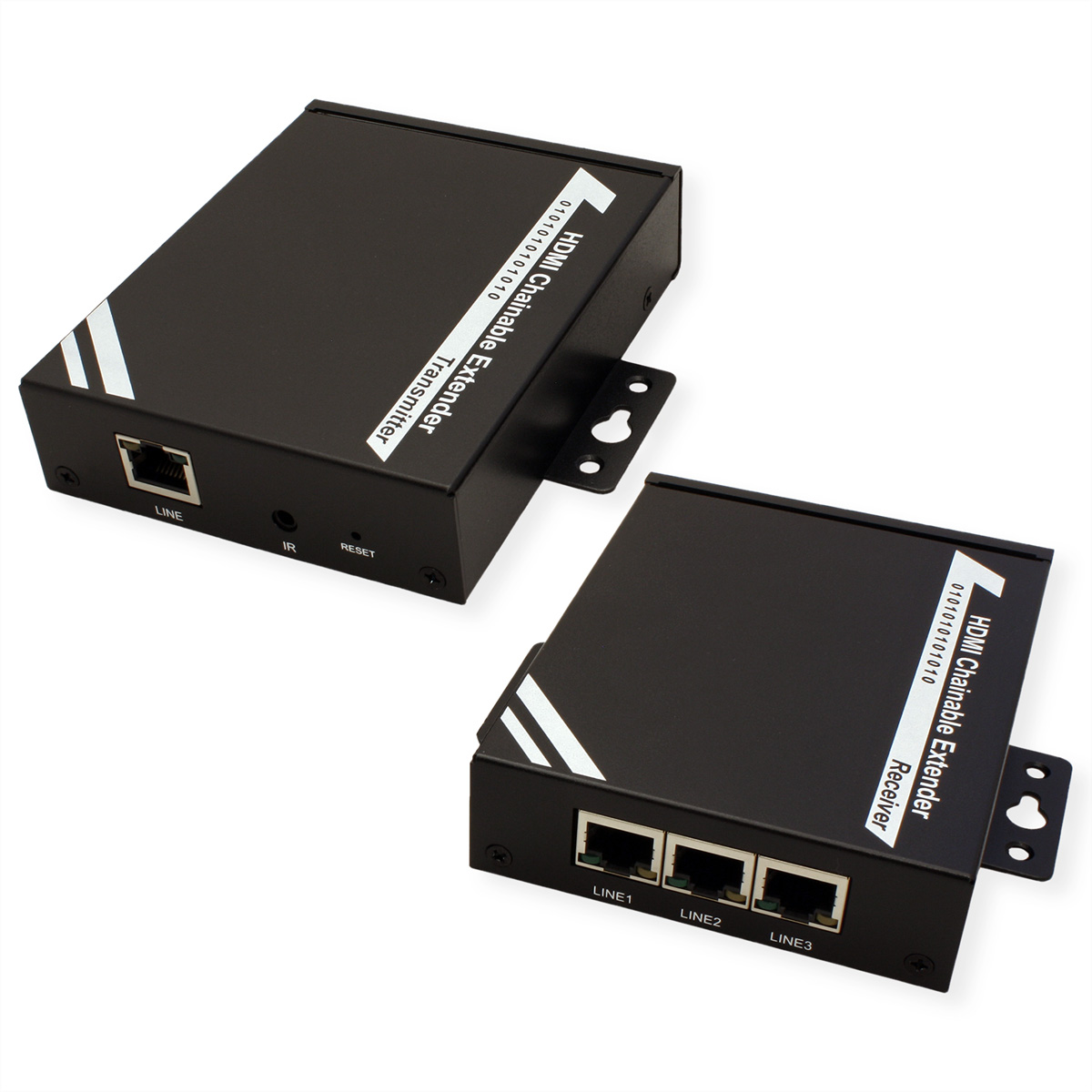 Zwei schwarze HDMI-Kettenverlängerer. Einer ist als Empfänger beschriftet, der andere als Sender, weißer Hintergrund.
