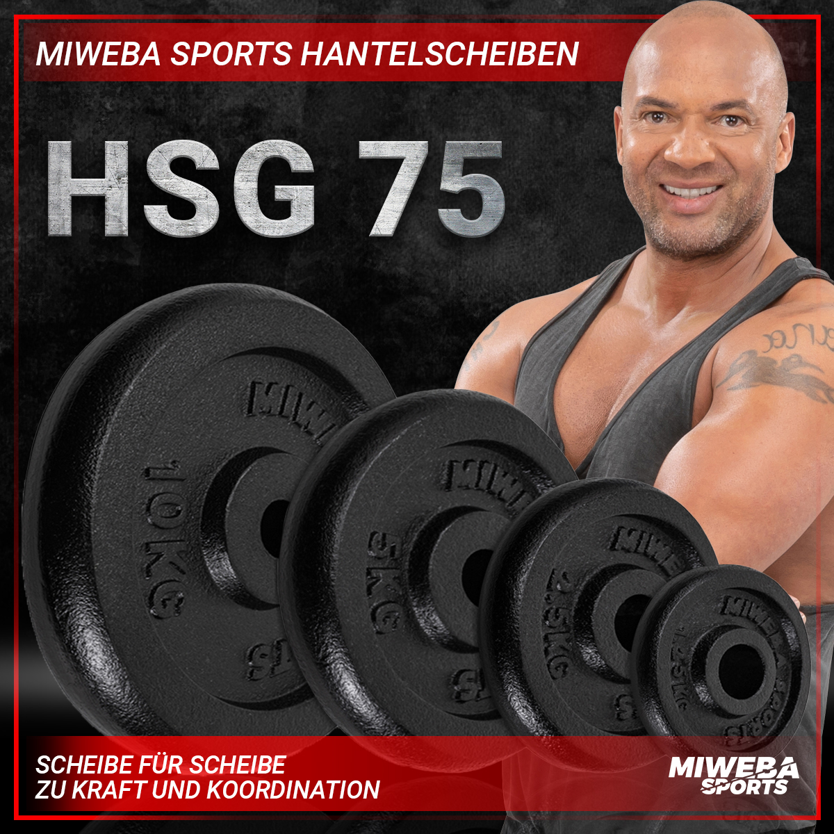 Mann mit Gewichten und Hantelscheiben. Hantelscheiben haben Gewichte in kg.
