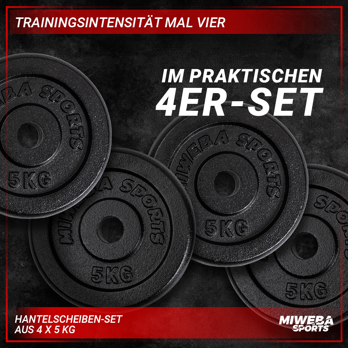 Vier schwarze Gewichtsplatten, je 5 kg, mit deutschem Text.