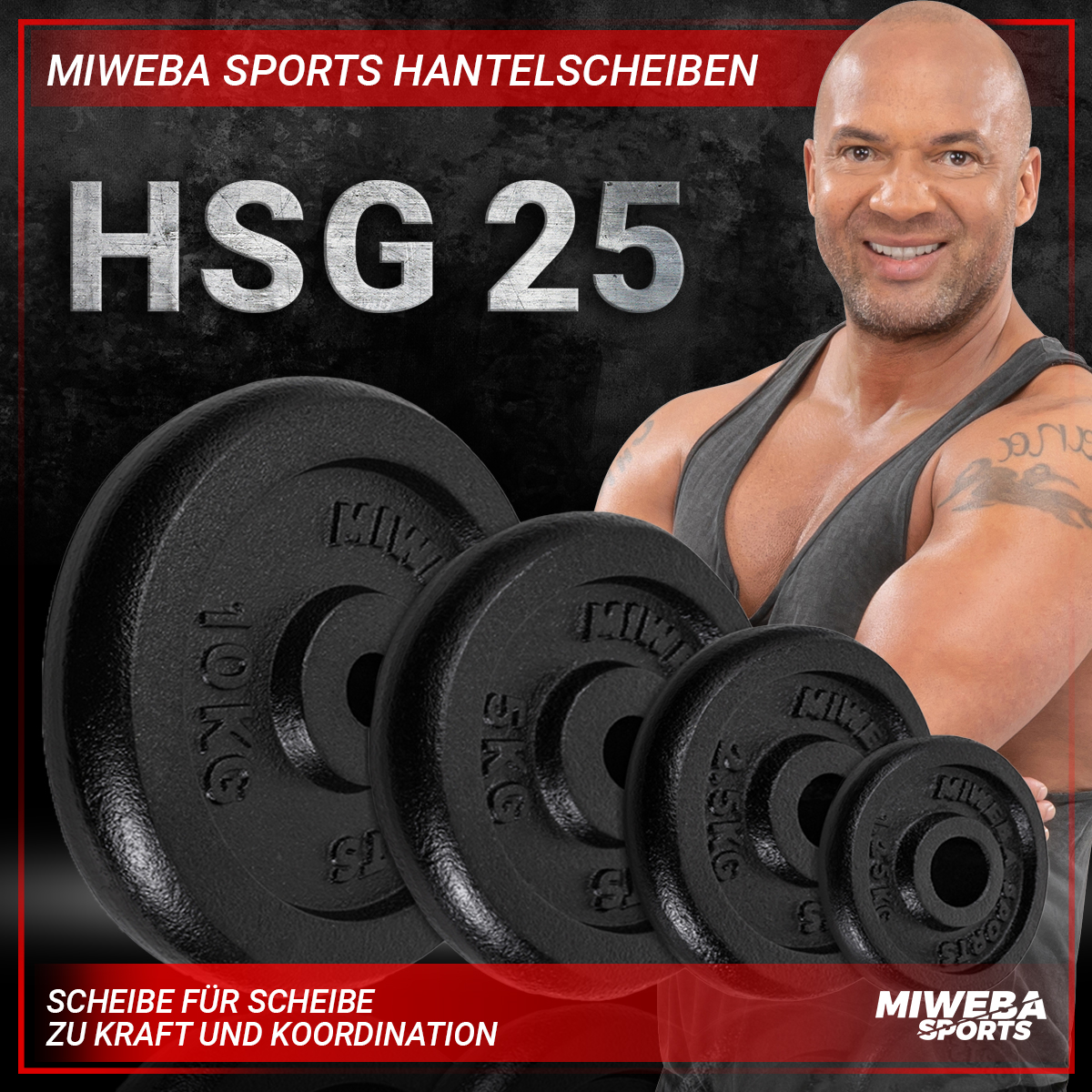 2,5 kg schwarz Hantelscheibe, MIWEBA 4x SPORTS HSG25