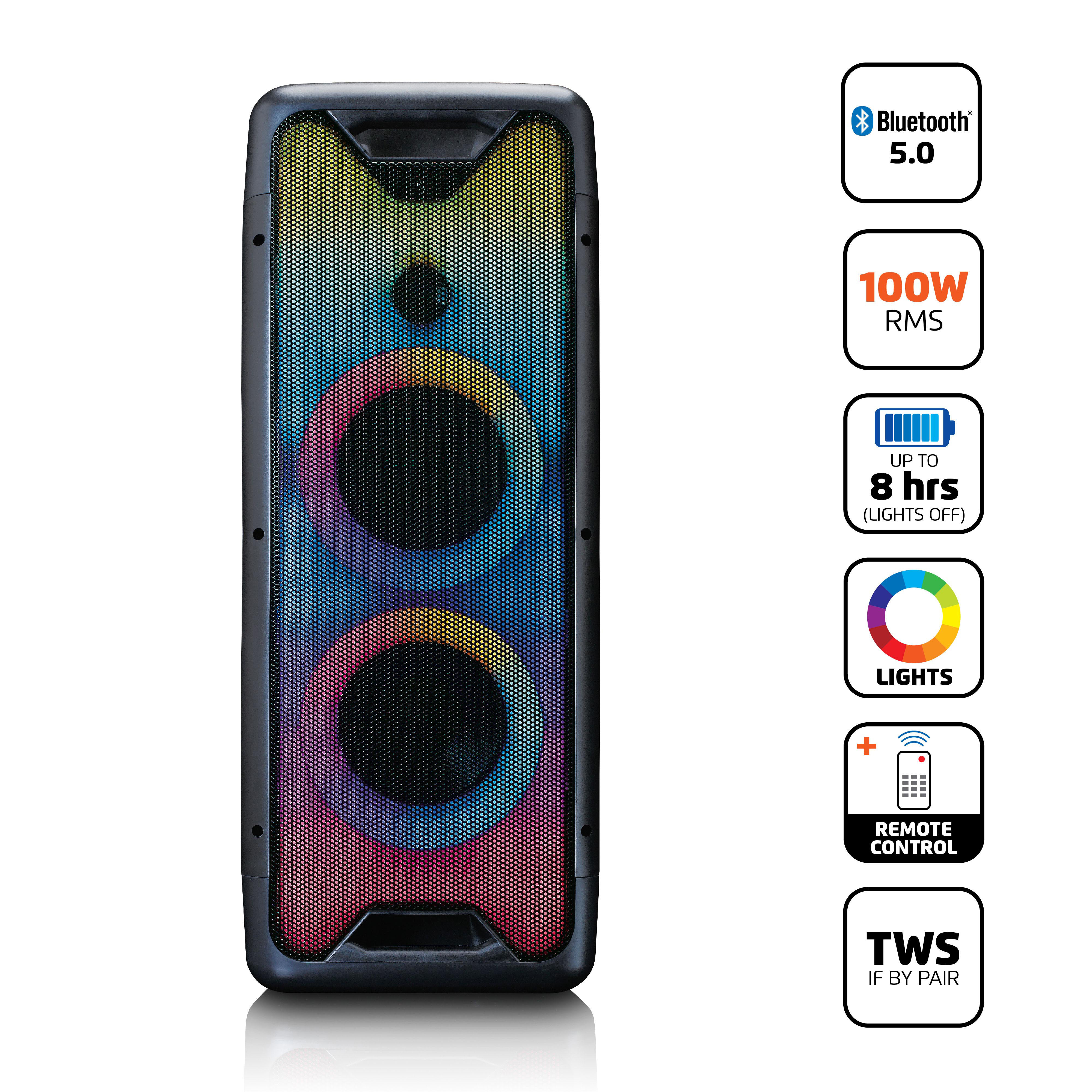 Altoparlante rettangolare alto con luci colorate, varie icone e un telecomando.
