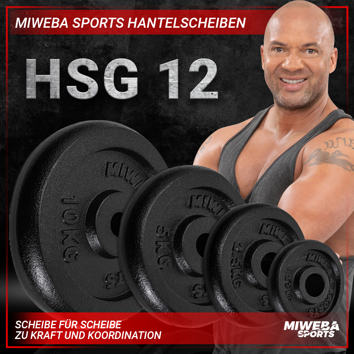 Mann mit Gewichten. Text 'HSG 12'. Schwarze Gewichte in einer Reihe, vor einem lächelnden Bodybuilder.