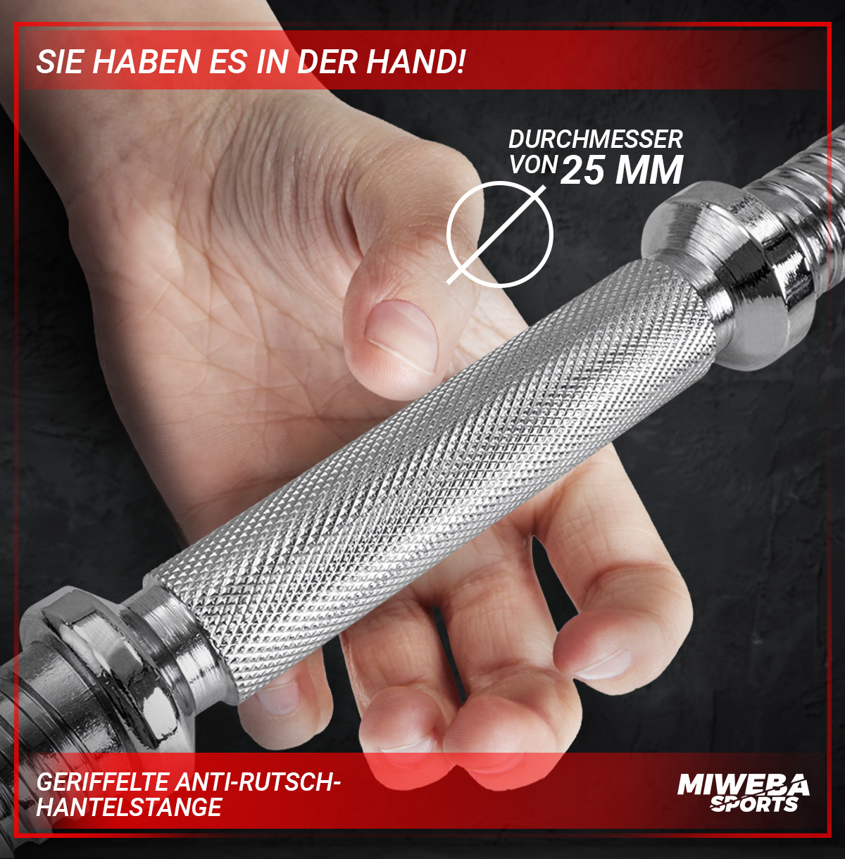 Hand, die eine silberne Hantel hält, mit dem Text: 'GERIFFELTE ANTI-RUTSCH-HANTELSTANGE'.