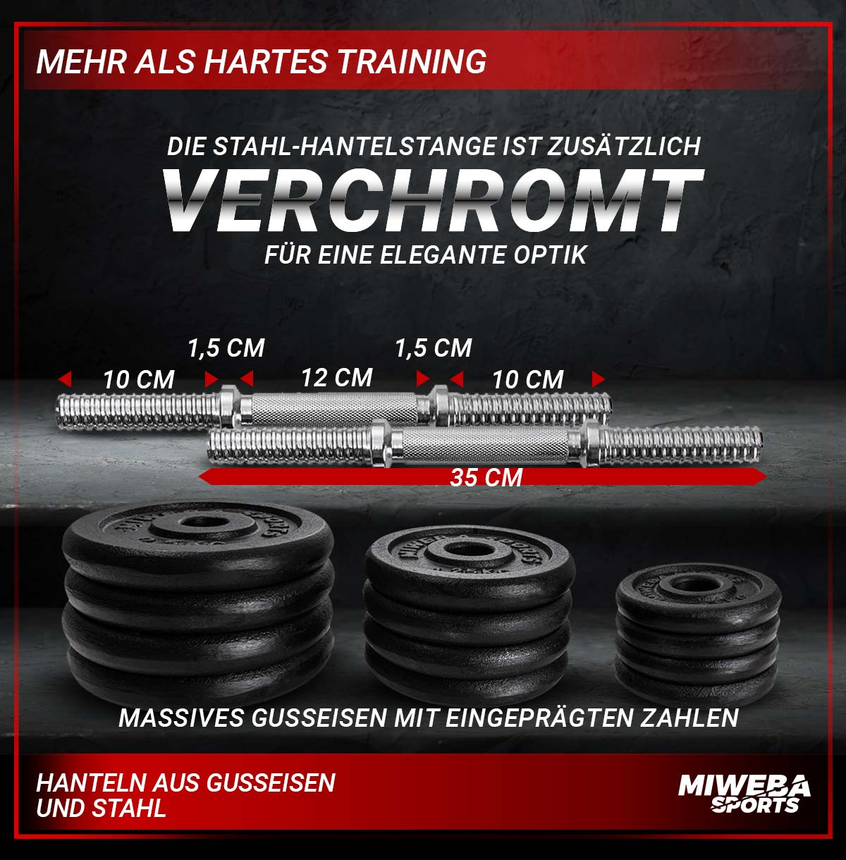 Gewichte und Stangen mit deutschem Text, der Chrom und Gusseisen hervorhebt.