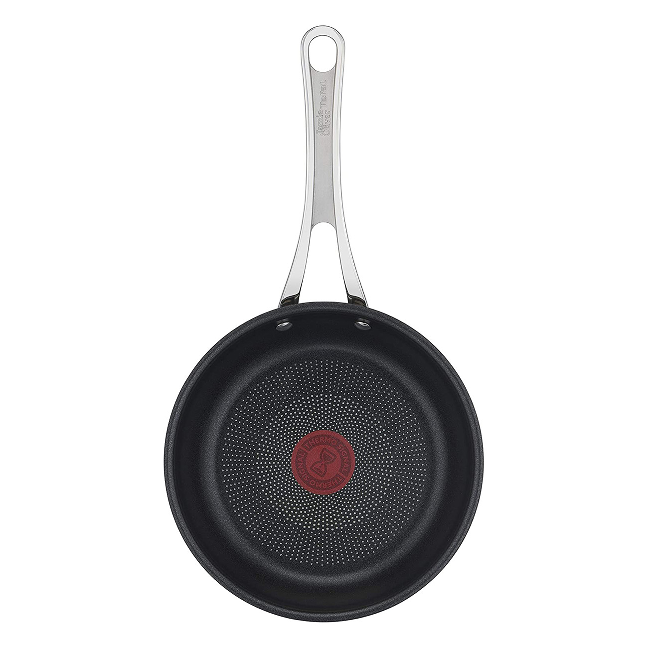 Padella T-fal, interno nero, indicatore di calore rosso e manico argentato.