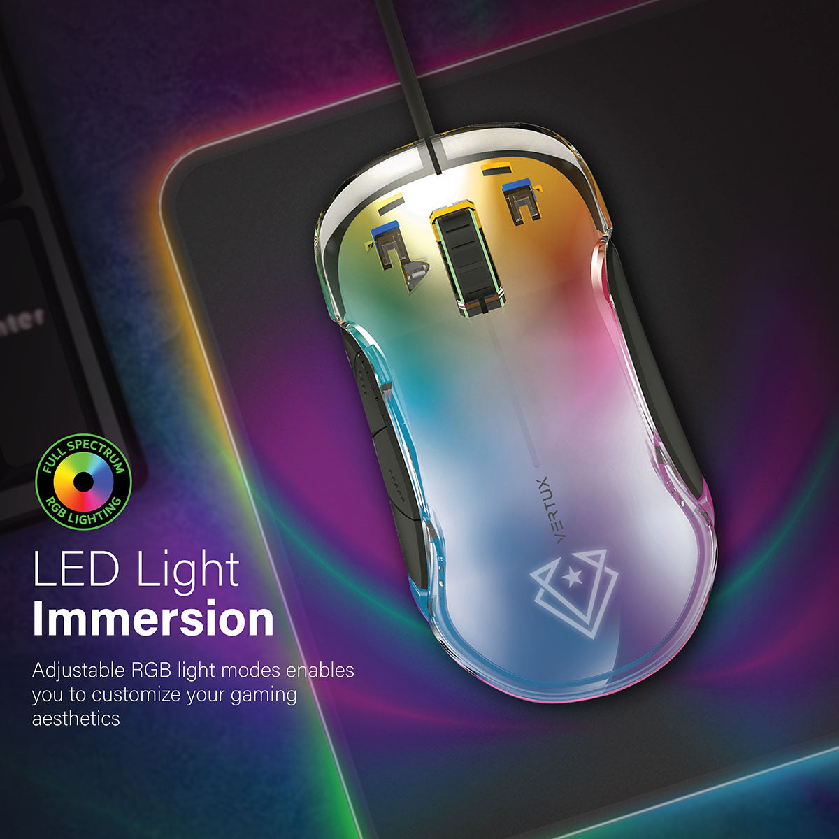 Mouse da gioco con illuminazione RGB. Il mouse è traslucido con una sfumatura colorata. Testo: Luce LED.
