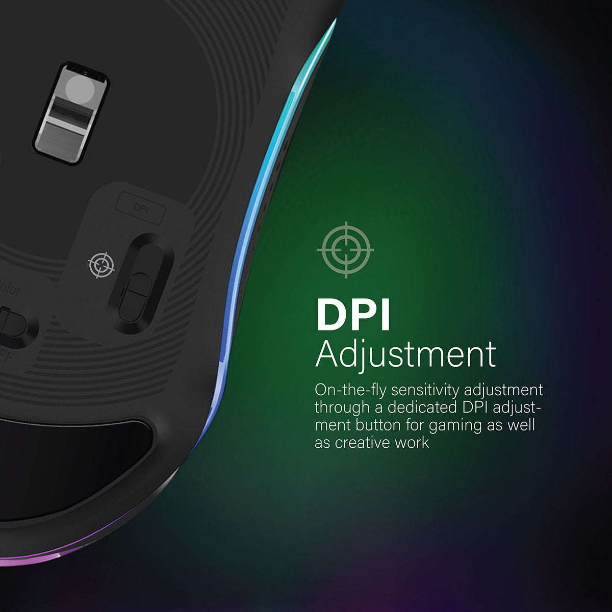 Primo piano di un mouse da gioco nero con pulsanti di regolazione DPI e testo.