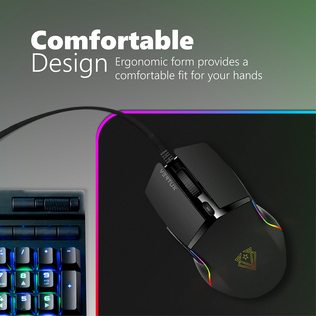Un ratón para juegos negro con un cable y un teclado para juegos en el fondo. El texto en el ratón dice 'VERTUX'.