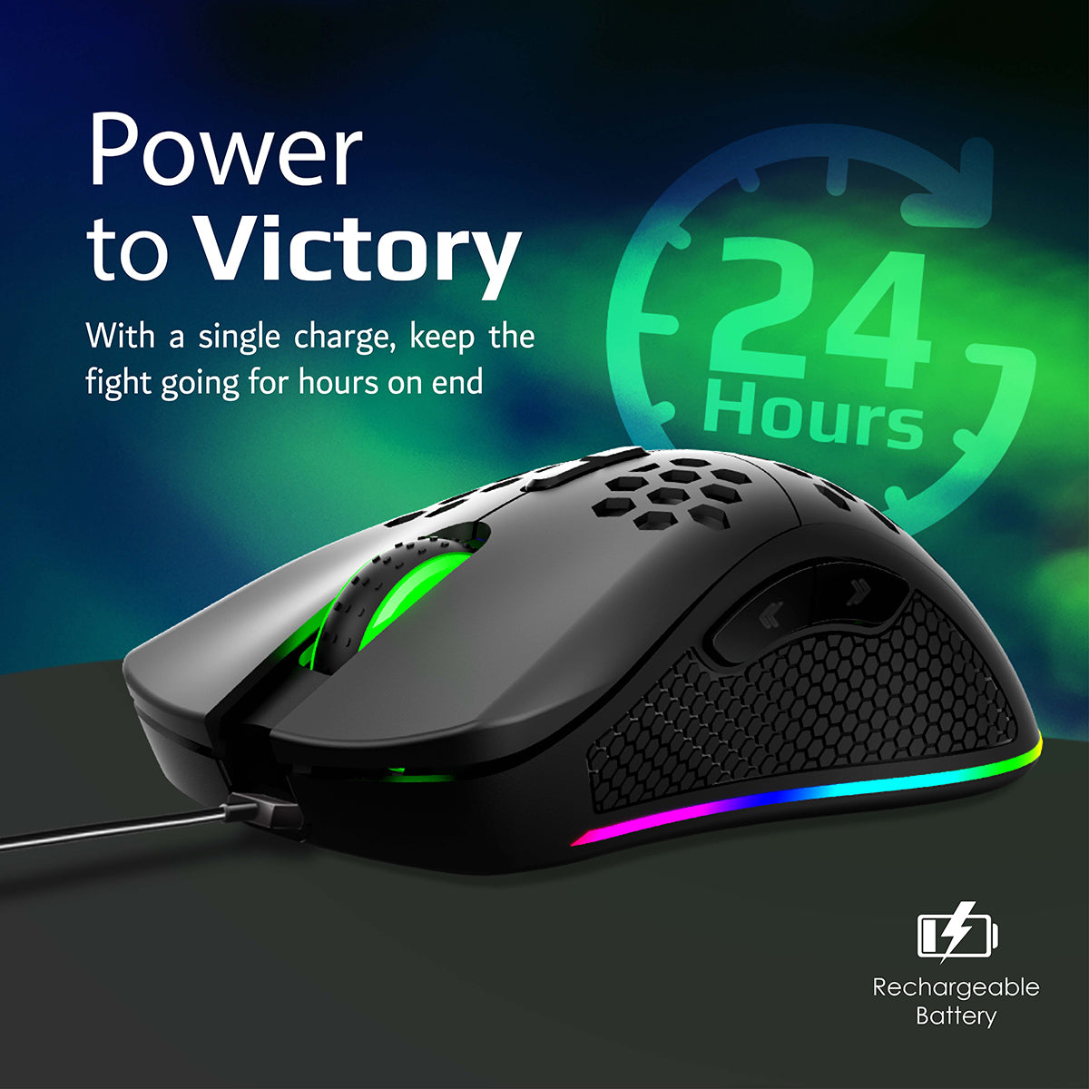 Mouse da gioco nero con luci RGB. Testo: "Power to Victory" e "24 ore".