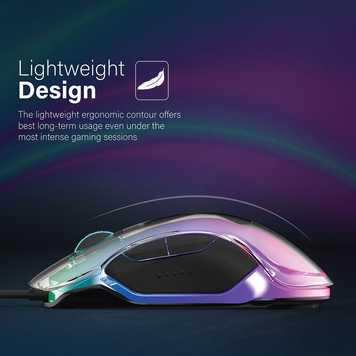 Un mouse da gioco colorato con un design leggero. Ha più pulsanti e una forma curva.