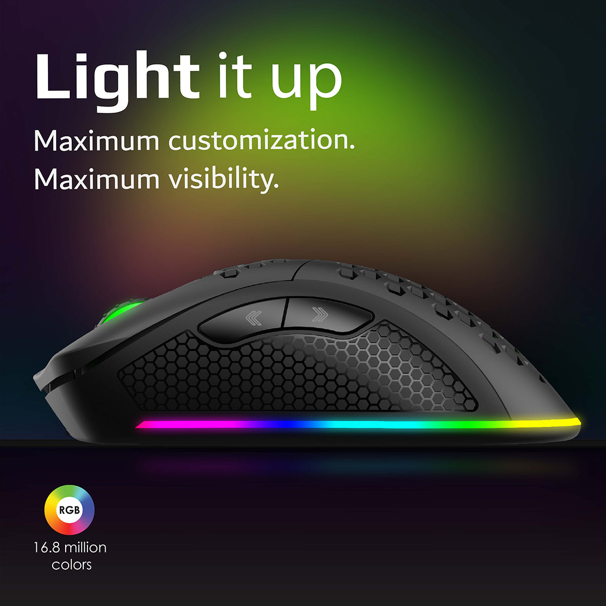 Mouse da gioco nero con illuminazione RGB e testo sulla personalizzazione.