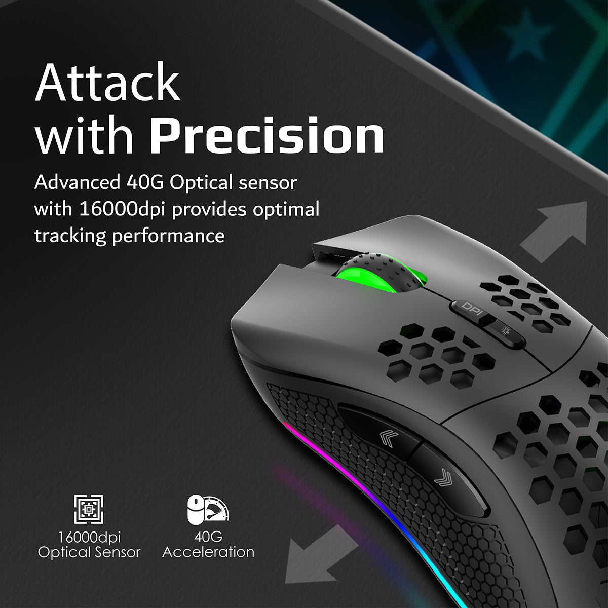 Mouse da gioco nero con rotella di scorrimento verde illuminata e pulsanti laterali.