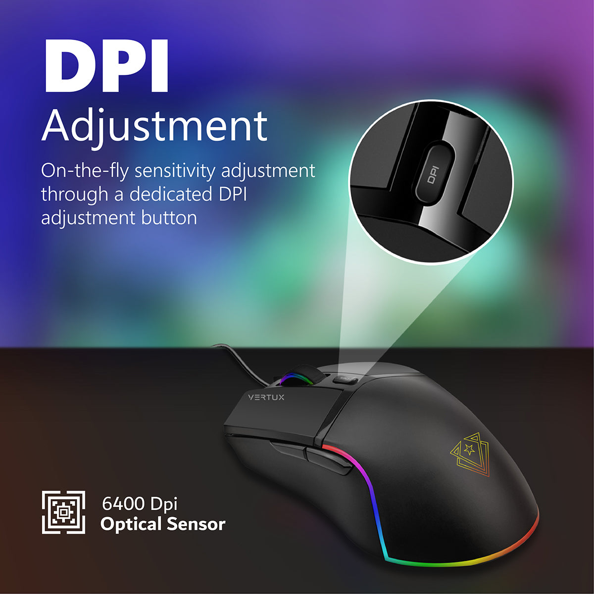 Un ratón gaming Vertux negro con botón de ajuste DPI y luces coloridas.