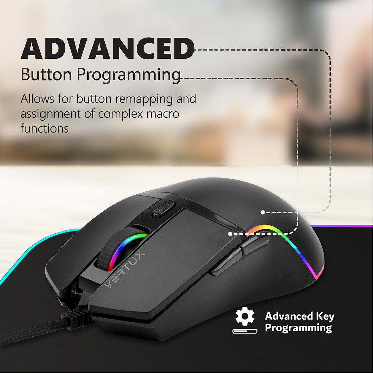 Ratón gaming negro con programación avanzada de botones. Iluminación RGB y alfombrilla.