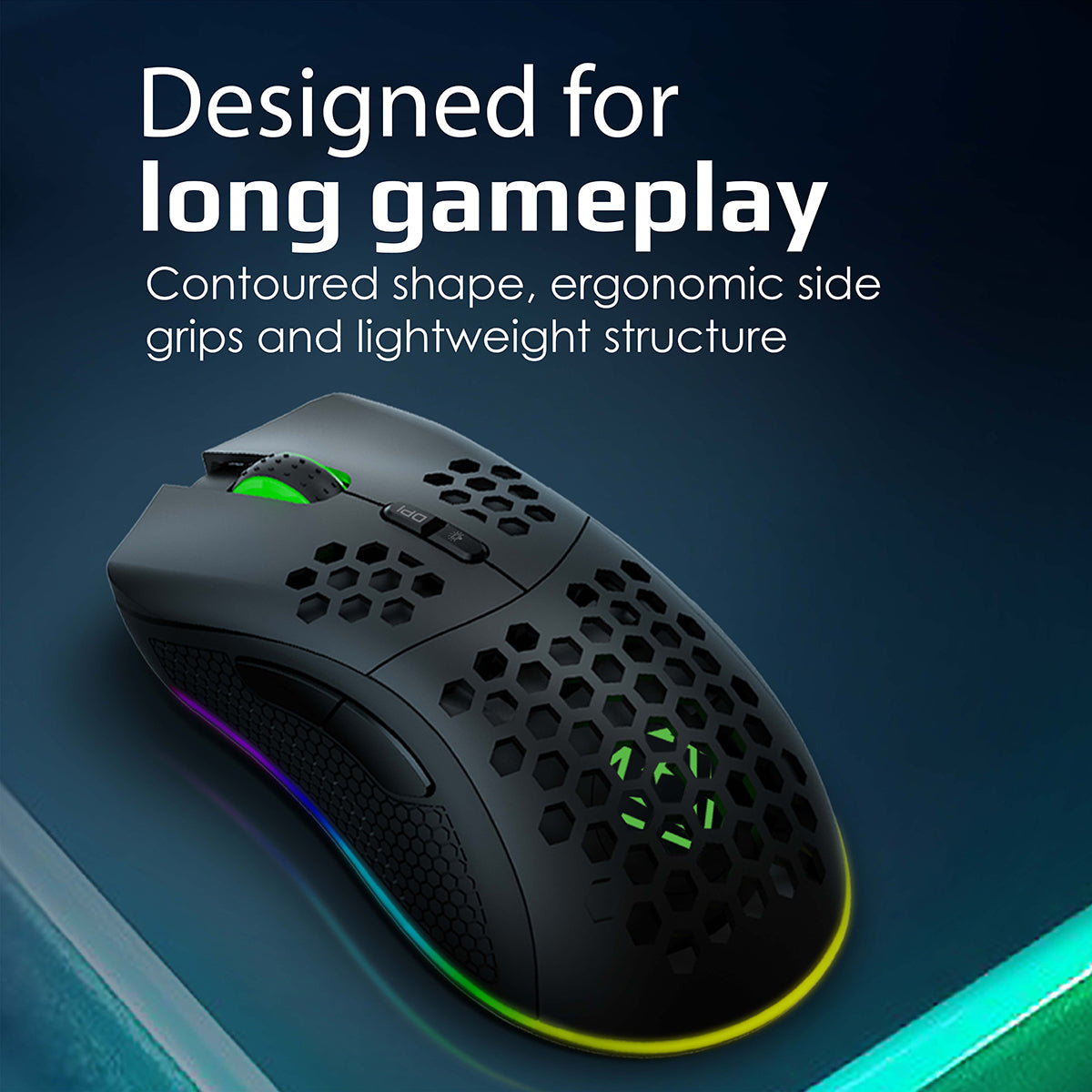 Tastiera da gioco nera con thumbpad e poggiapolsi. Controlli di movimento migliorati. Accenti verdi.