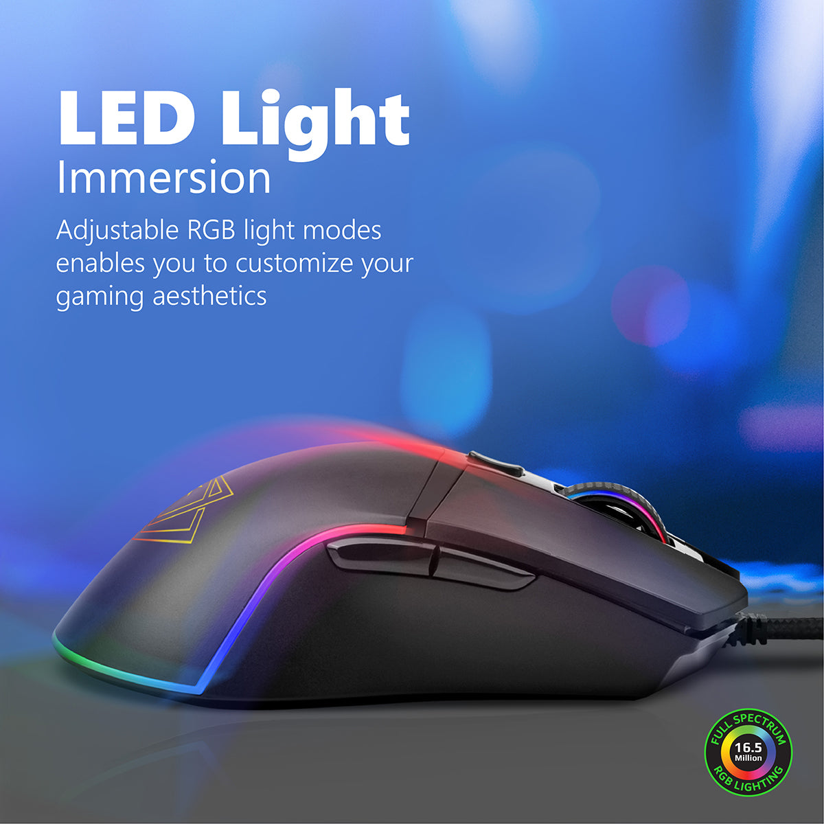 Ratón gaming negro con iluminación RGB. Texto: LED Light Immersion.