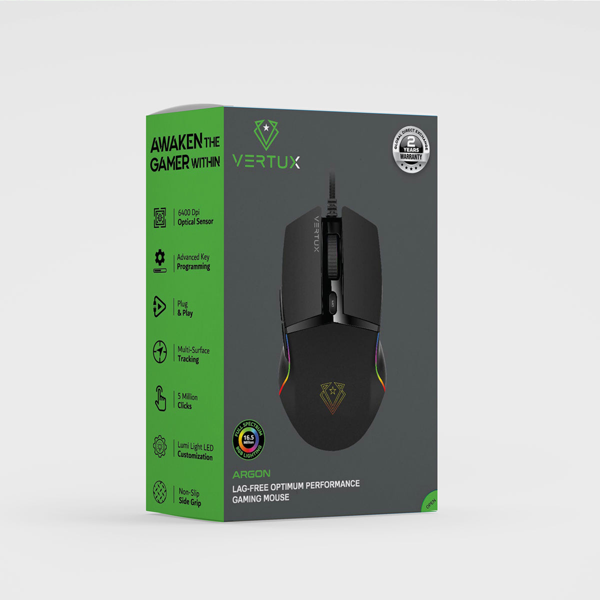 Caja de ratón gaming con características, y un ratón gaming negro.