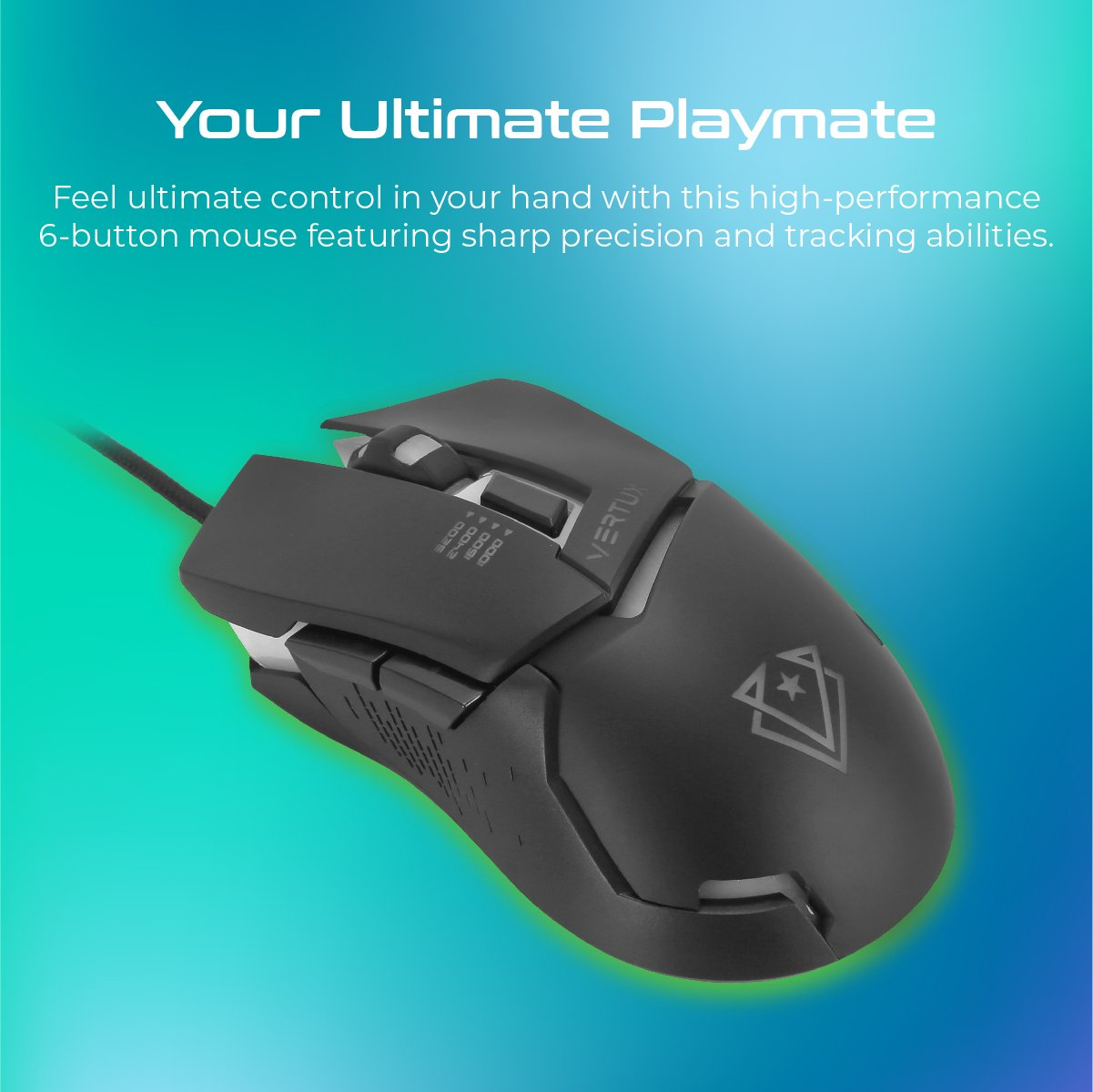 Ratón gaming negro con múltiples botones, detalles blancos y logo brillante sobre fondo degradado.
