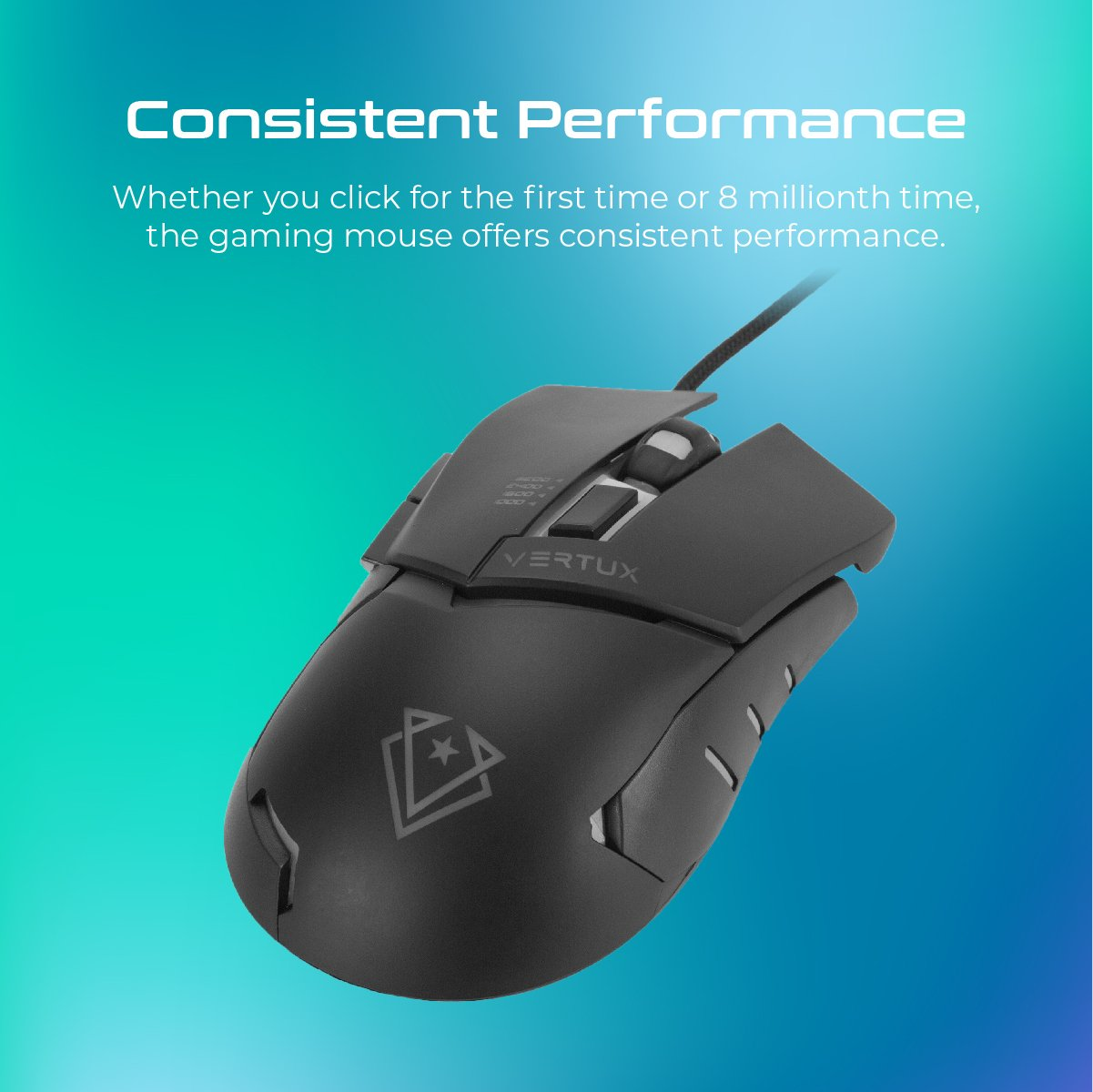 Ratón gaming negro con la palabra VERTUX, fondo degradado azul y morado.