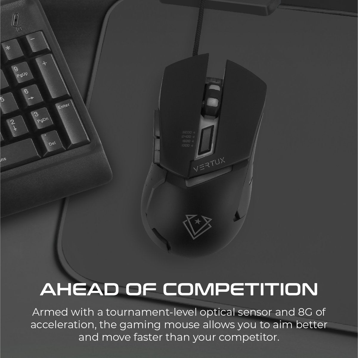 Ratón gaming negro con teclado. Texto debajo del ratón: AHEAD OF COMPETITION.