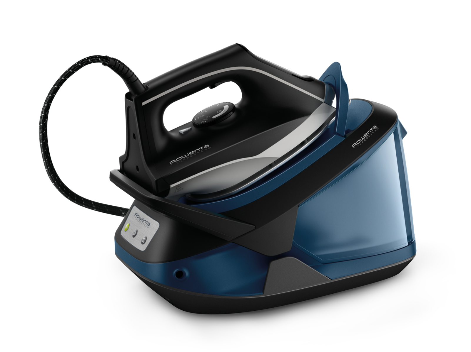 Ein schwarzes und blaues Bügeleisen mit Kabel ruht auf seiner Basis. Das Bügeleisen ist leicht nach links geneigt.