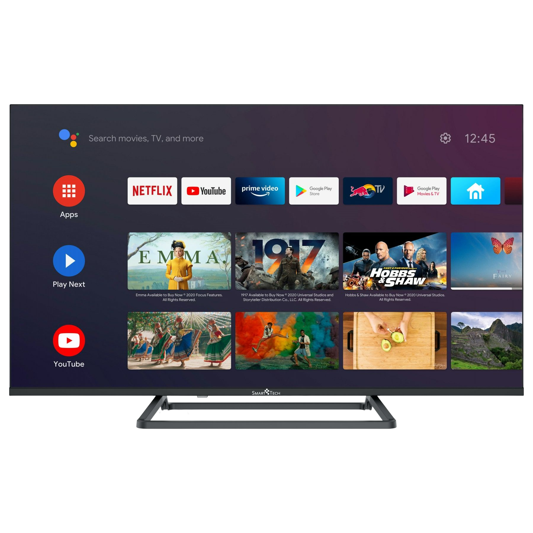 Fernseher mit Google TV Oberfläche, Apps und Filmplakaten. Schwarzer Bildschirm, weißer Rahmen.