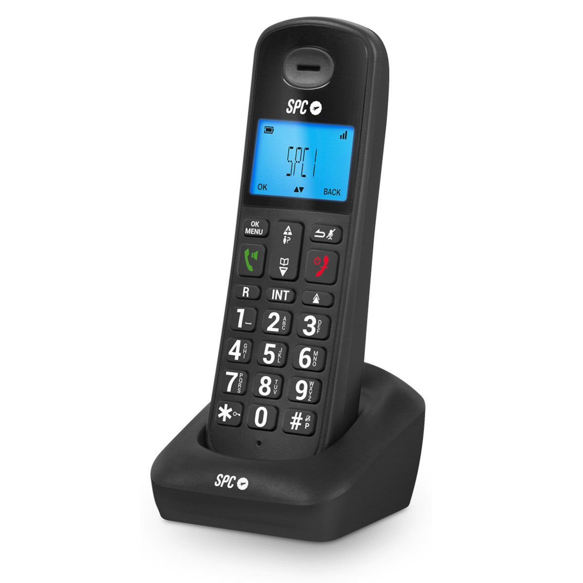Telefono cordless SPC nero e base, con pulsanti e schermo.