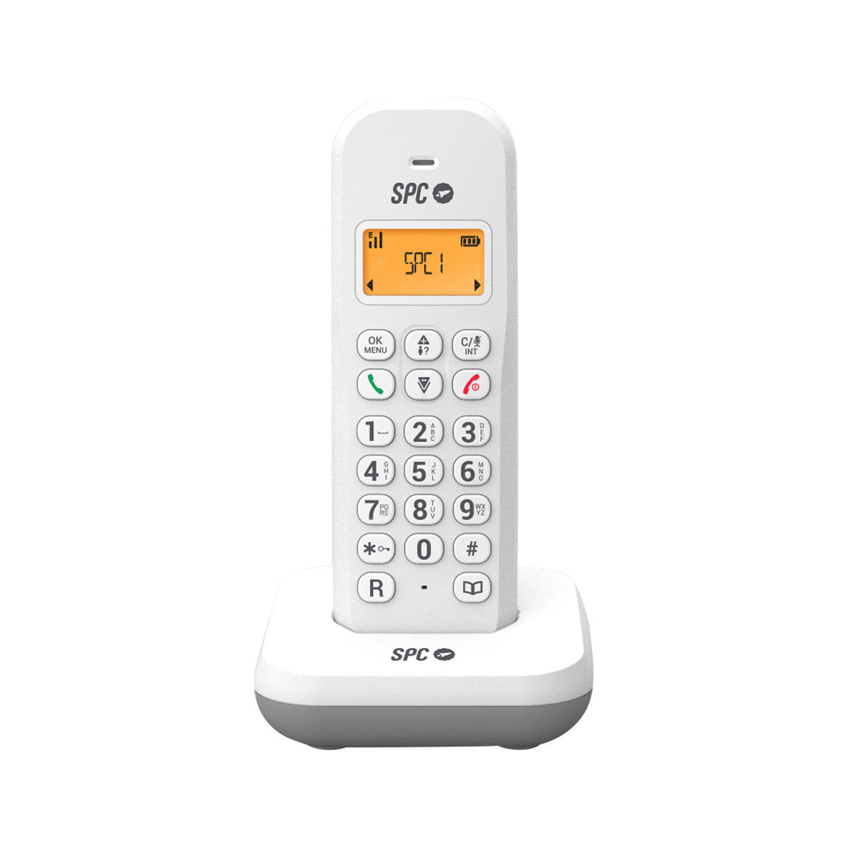 Teléfono inalámbrico blanco con pantalla y botones sobre base blanca. La marca es SPC.