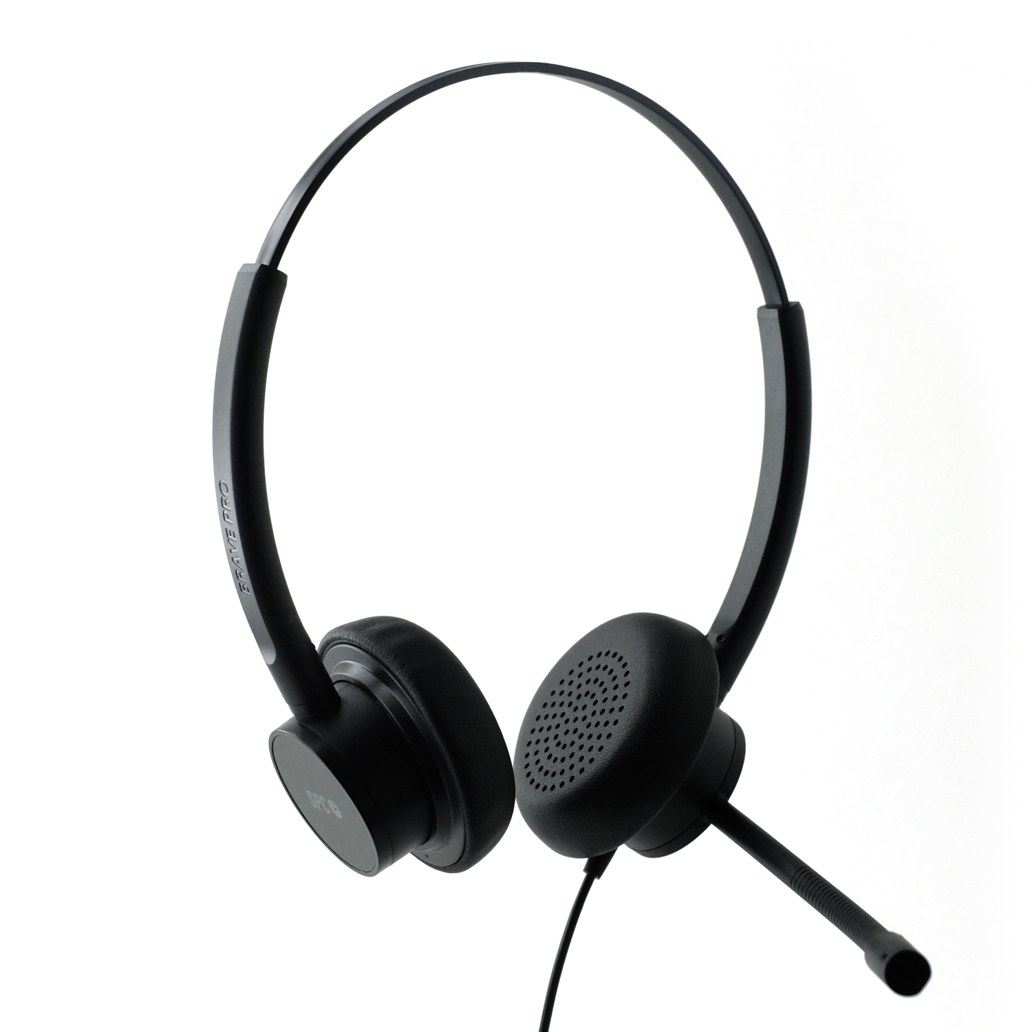 Auriculares negros con micrófono. Los auriculares están sobre un fondo blanco.