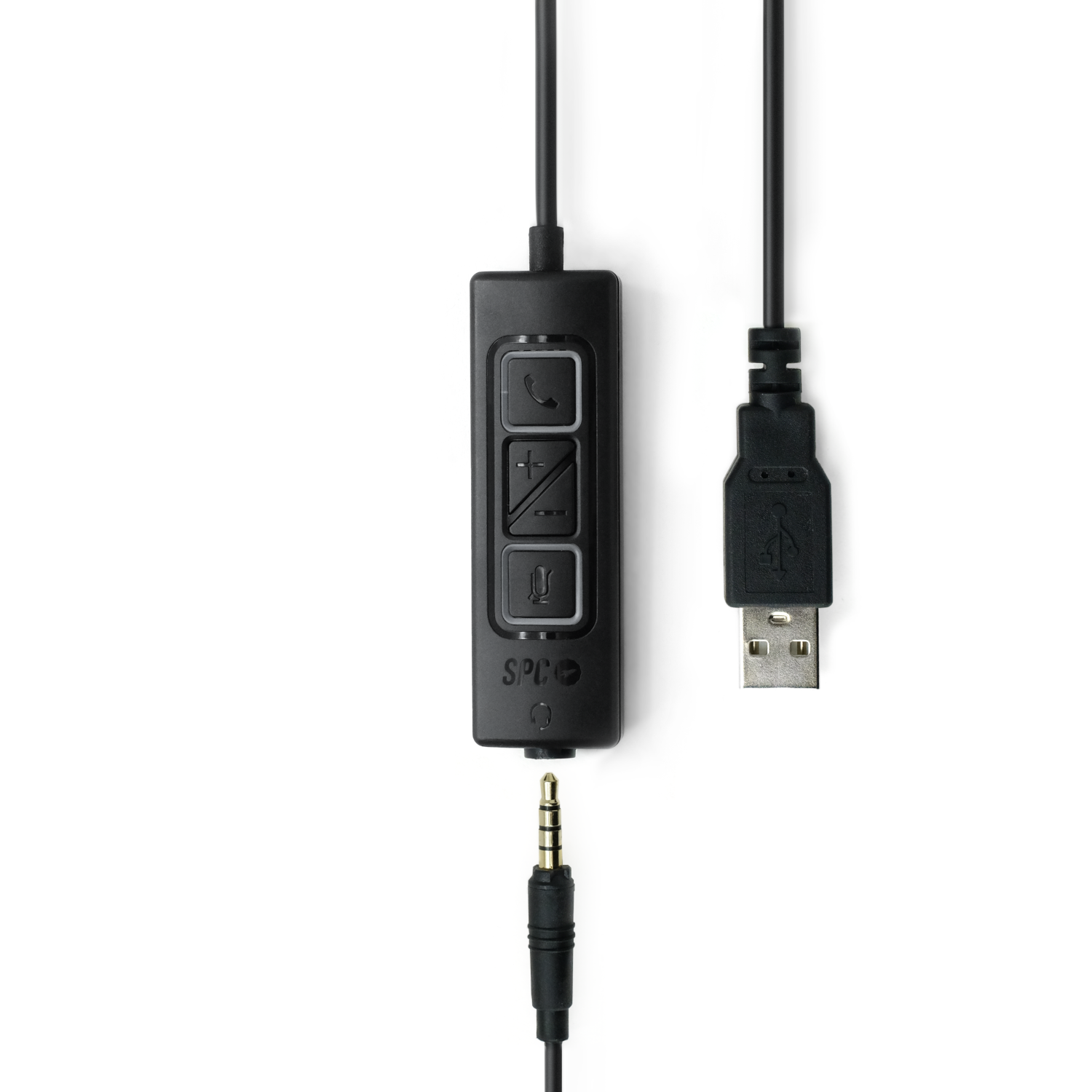 Cable de auriculares negro con panel de control y conector USB. Fondo blanco.