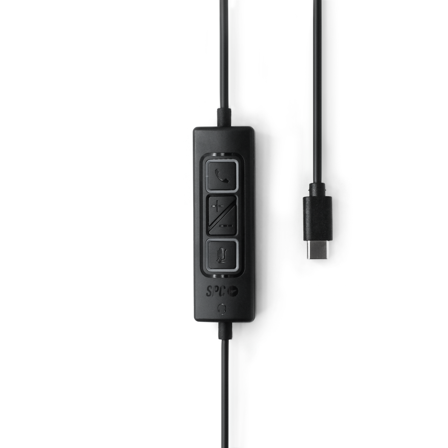 Cable de audio negro con una caja de control y un conector USB-C. Está sobre un fondo blanco.