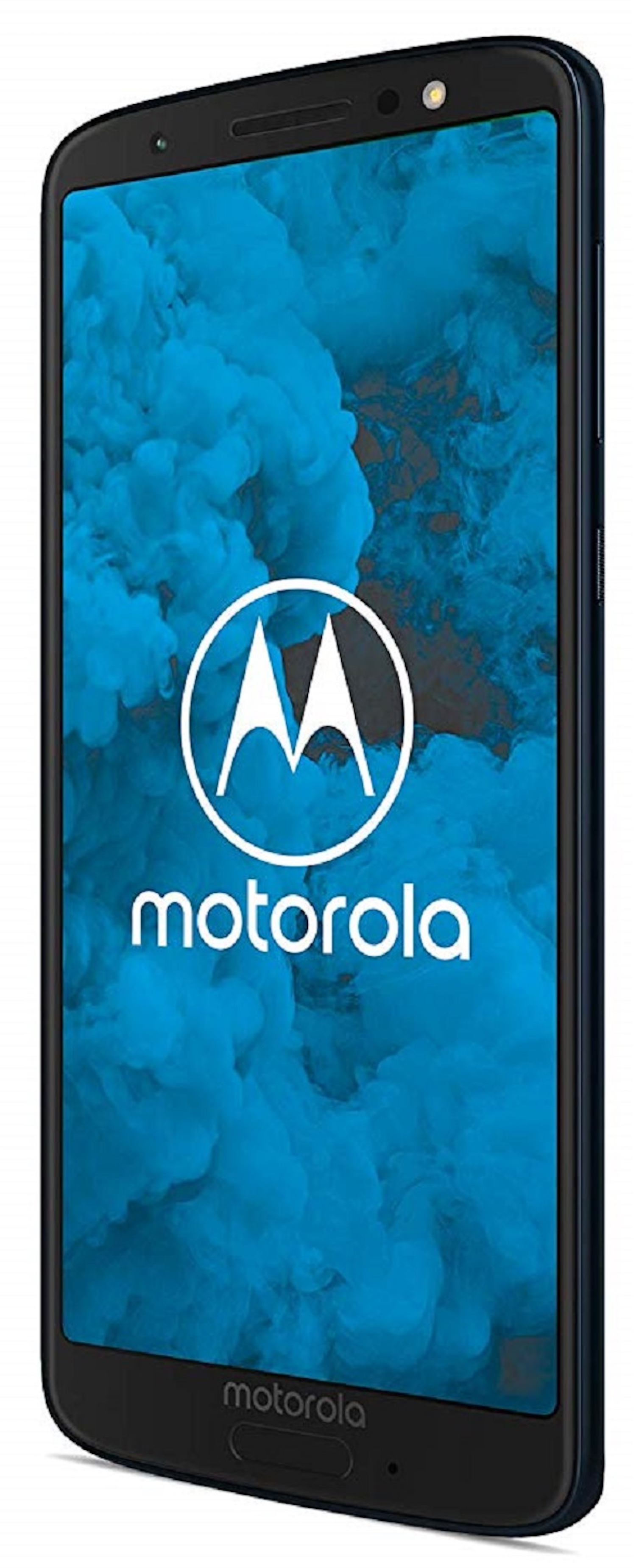 Czarny telefon Motorola z logo marki na ekranie, niebieskie tło, pod kątem, na białym tle.