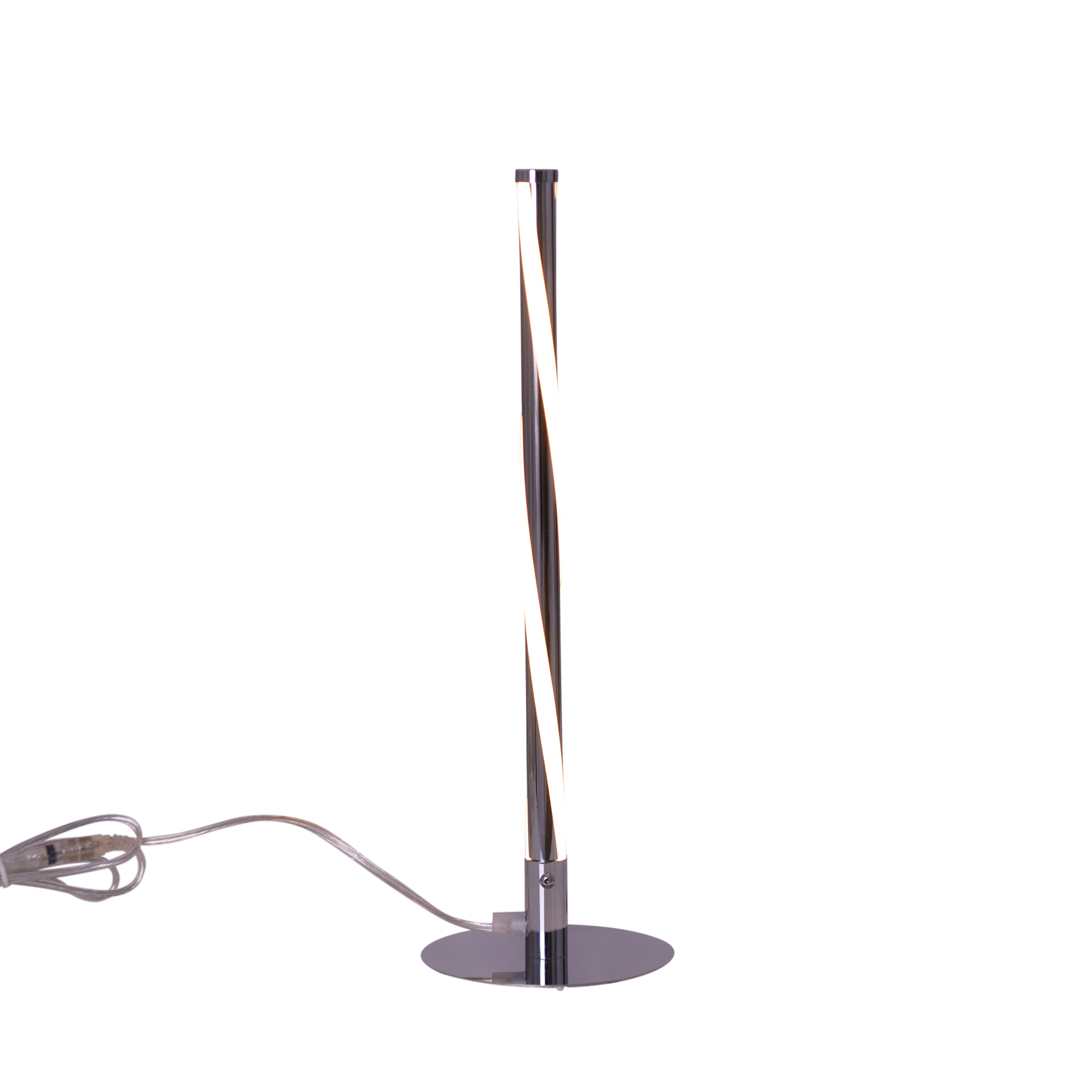 Eine moderne silberne Schreibtischlampe mit einem gebogenen, weiß beleuchteten Rohr und einem kreisförmigen Sockel.