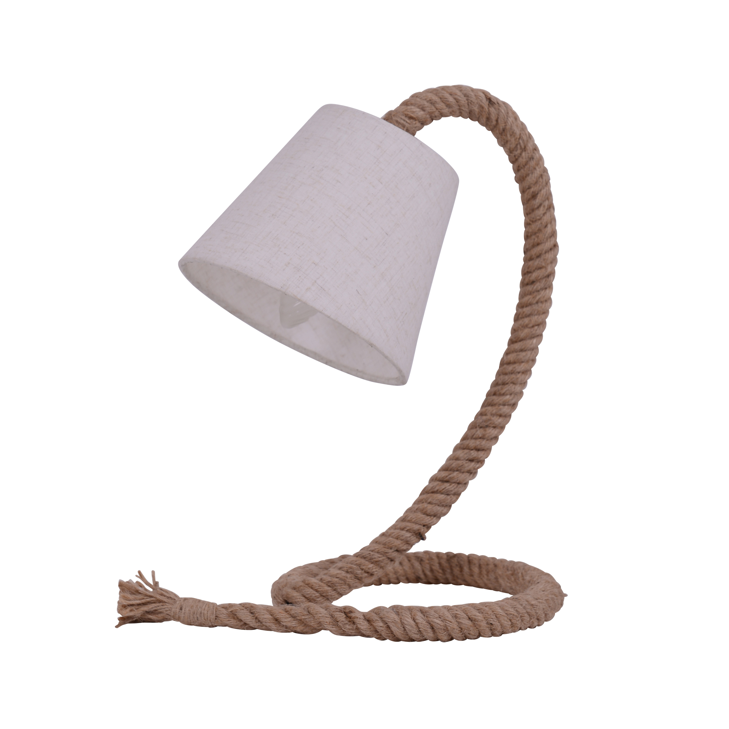 Tischlampe im Seil-Design mit weißem Schirm, abgewinkelt. Weißer Hintergrund.