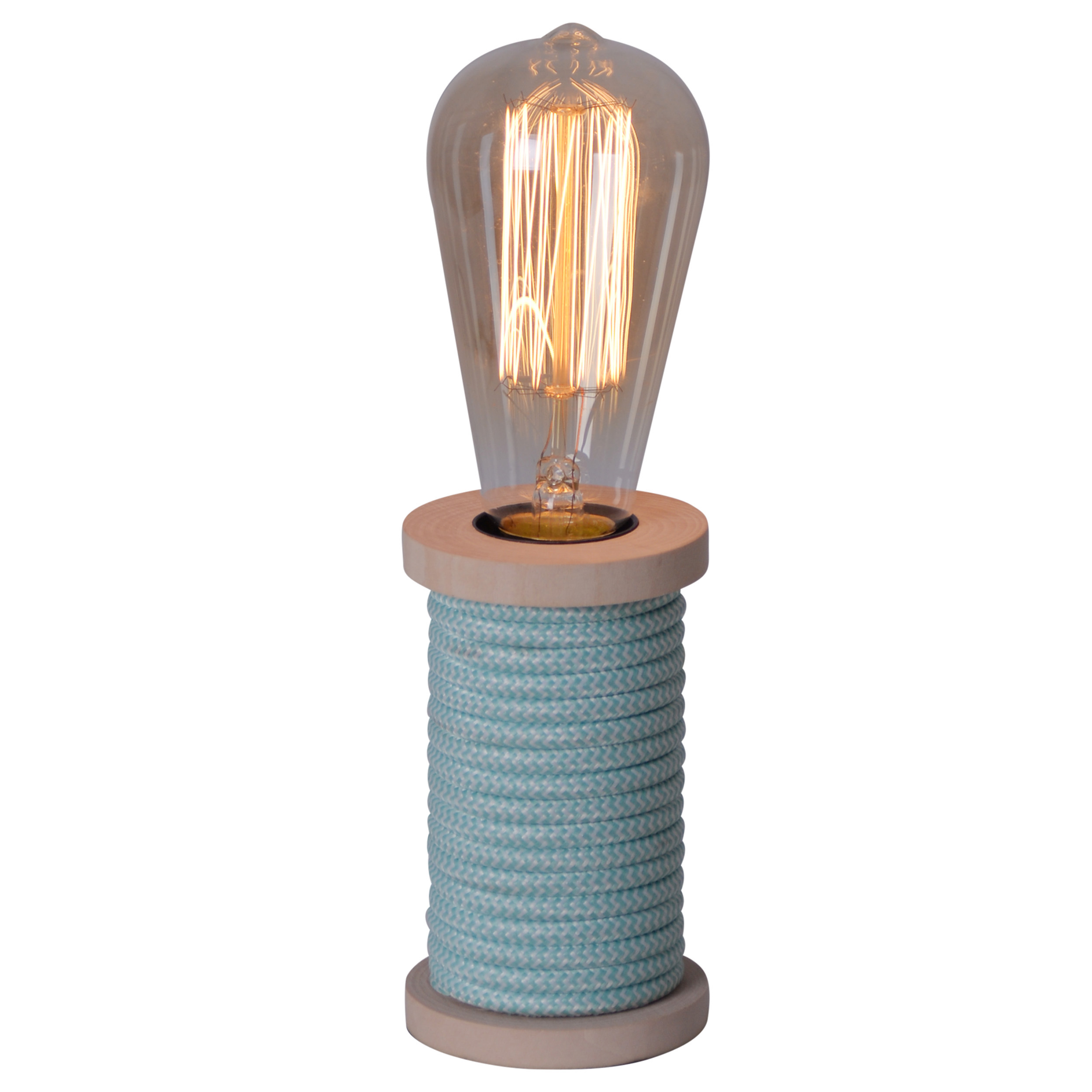 Eine Lampe mit Glühbirne und blauem Seilfuß.